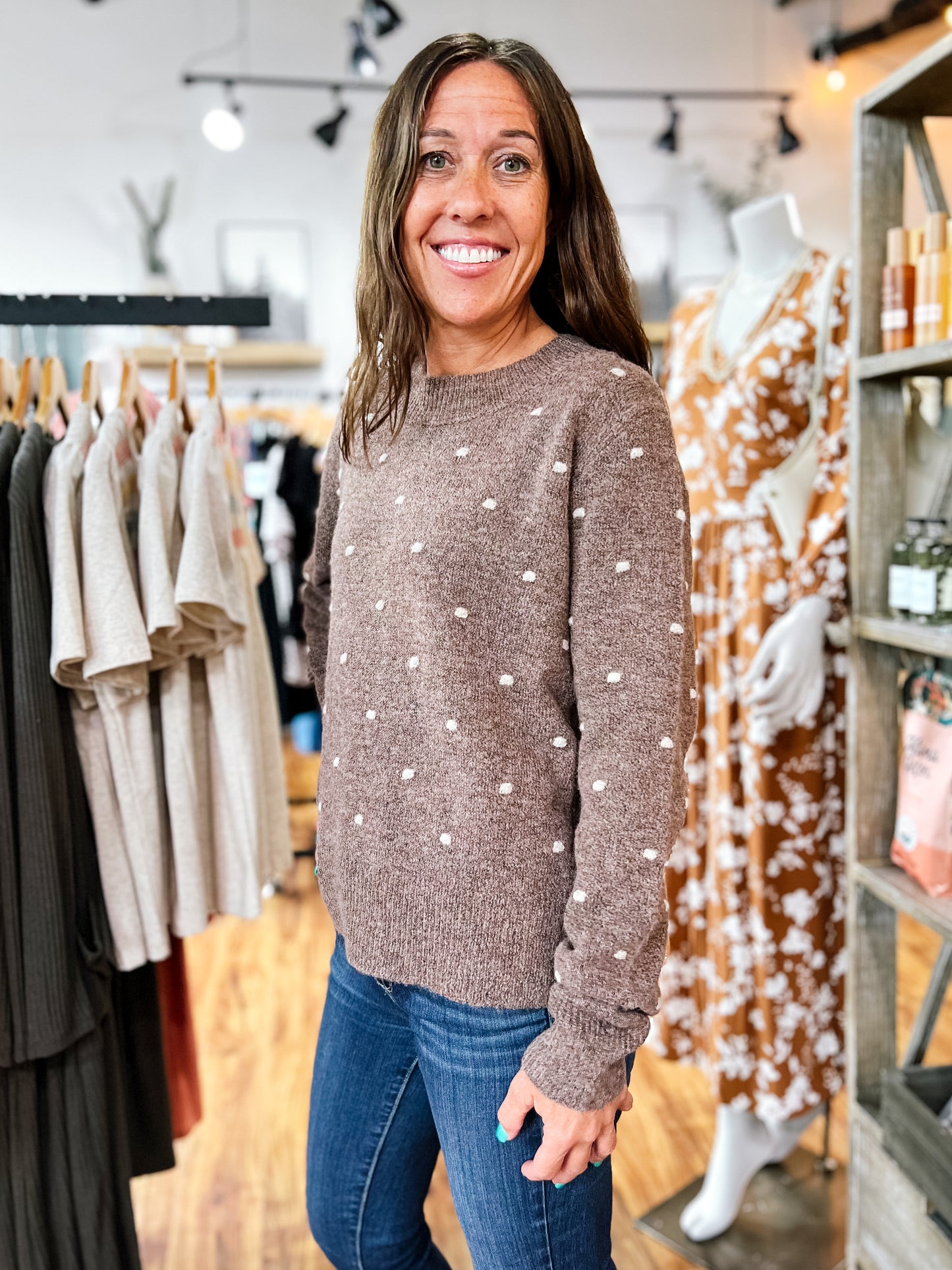 Brown Dotted Knit Crewneck Sweater