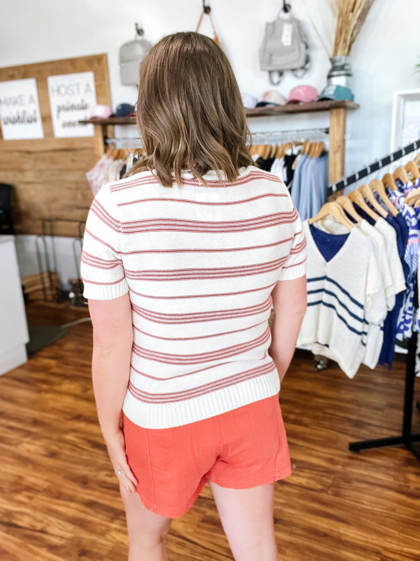 White W/Clay Stripe Short Sleeve Sweater