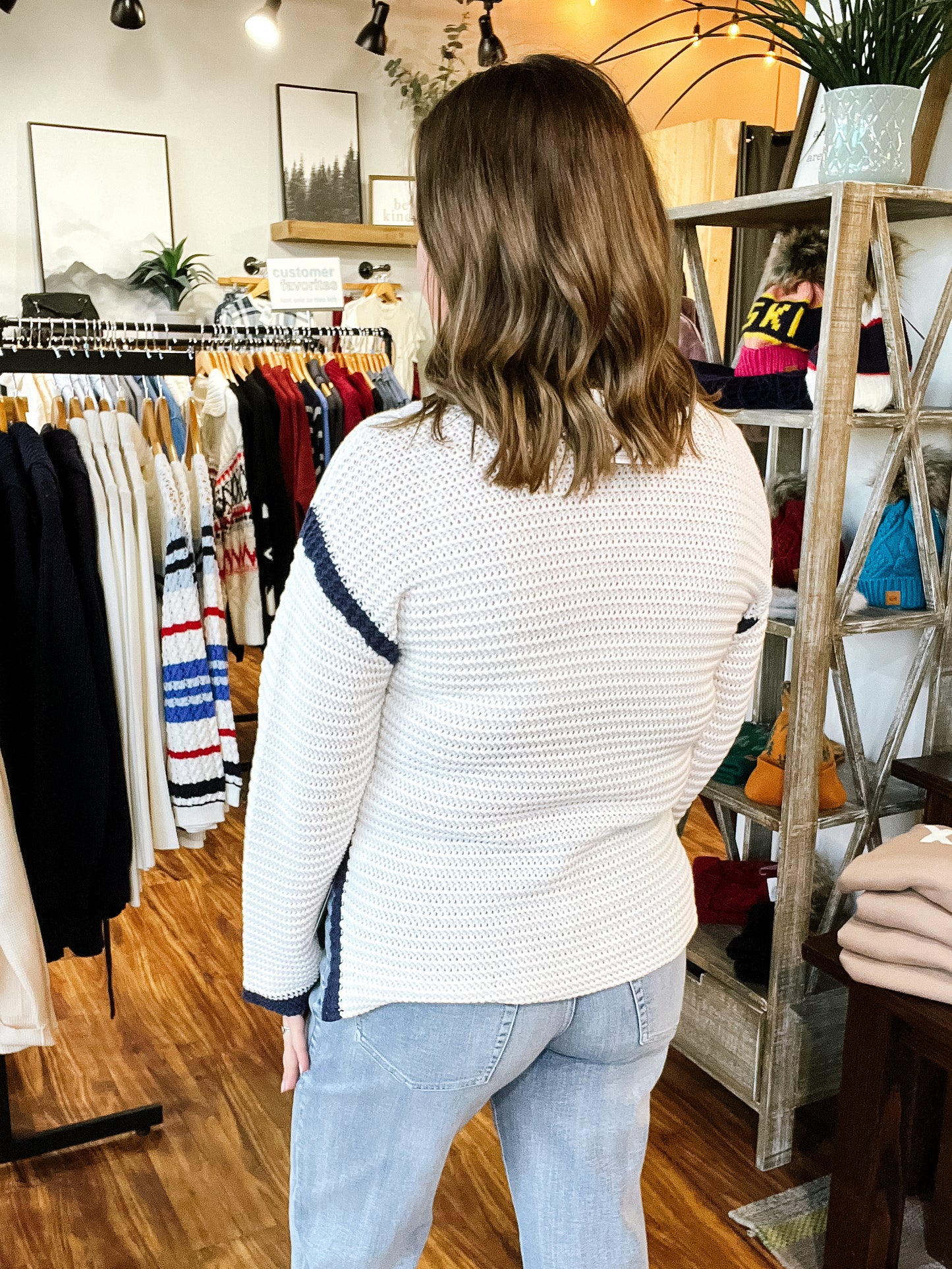 White W/Navy Notch Collar Sweater