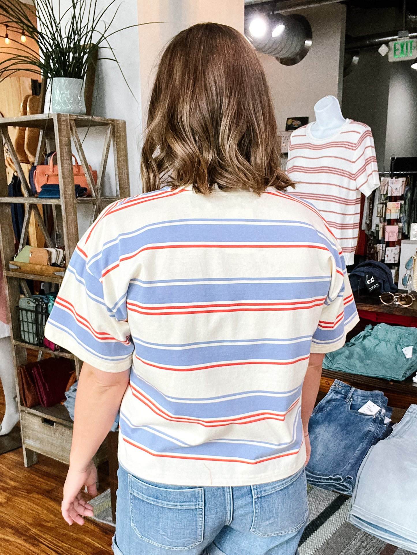 Cream W/Blue & Red Stripe Top