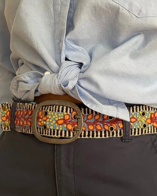 Floral & Stripe Embroidered Wool Belt