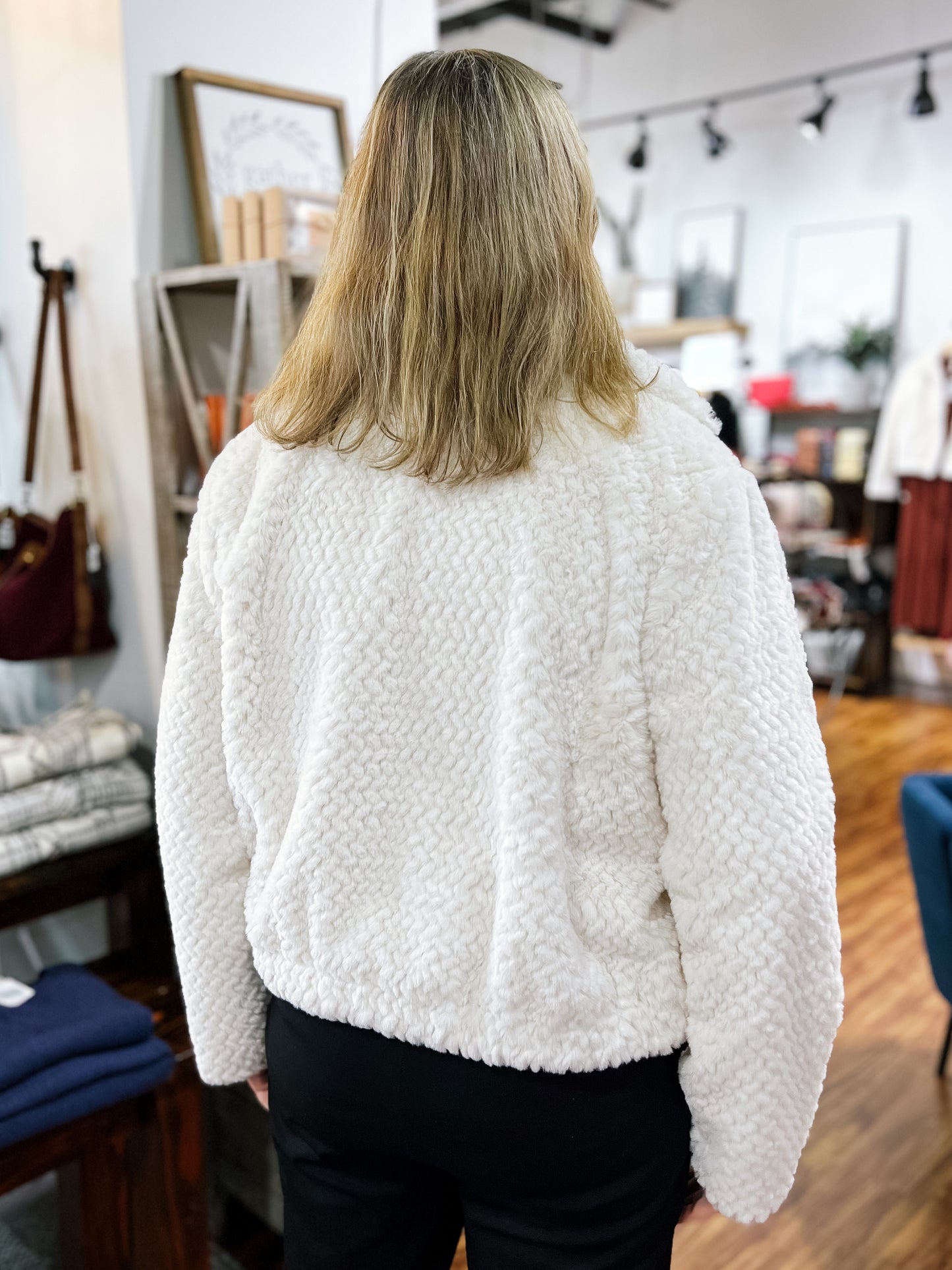 Ivory Faux Fur Bomber Jacket