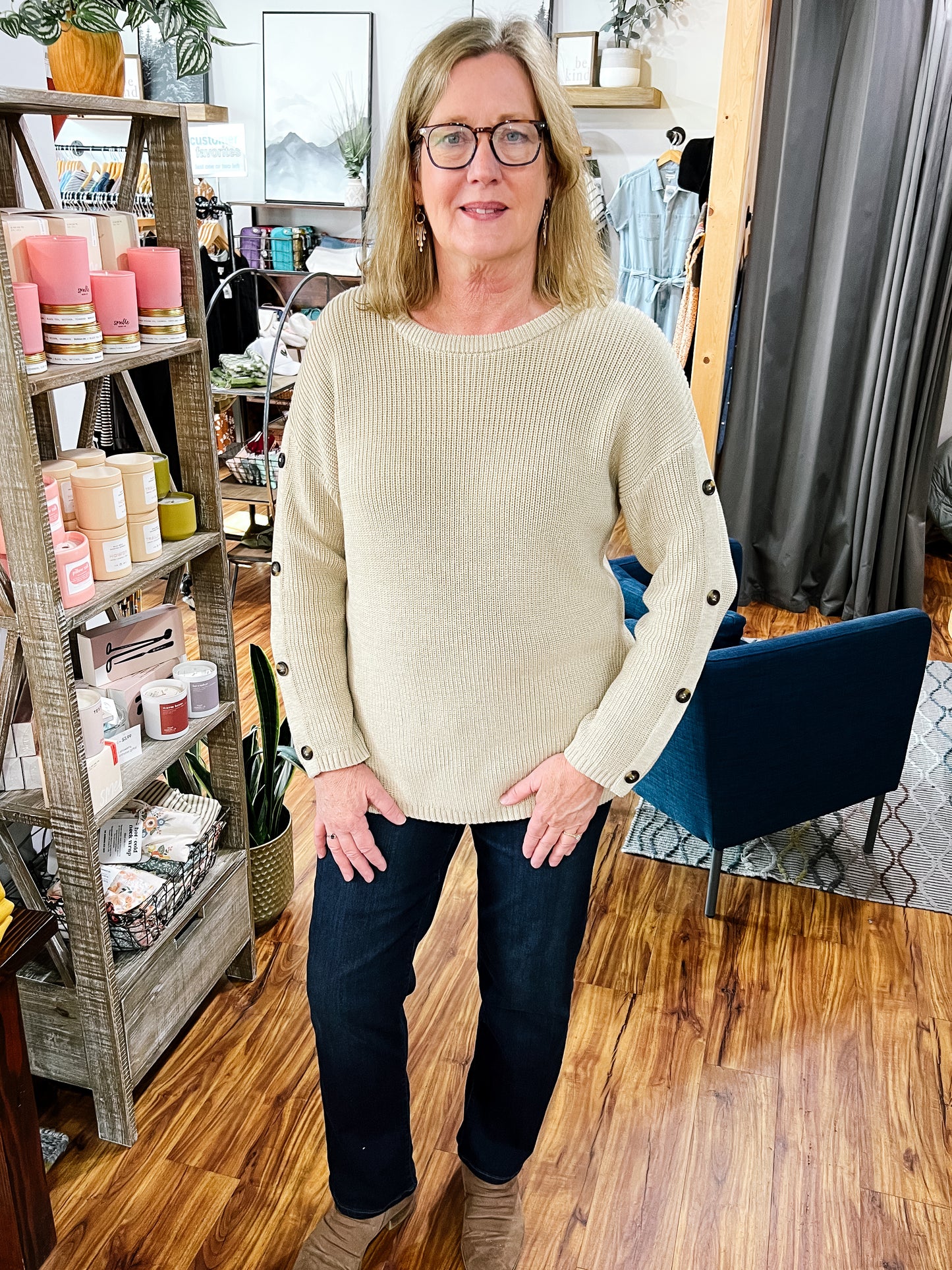 Beige Button Sleeve Sweater