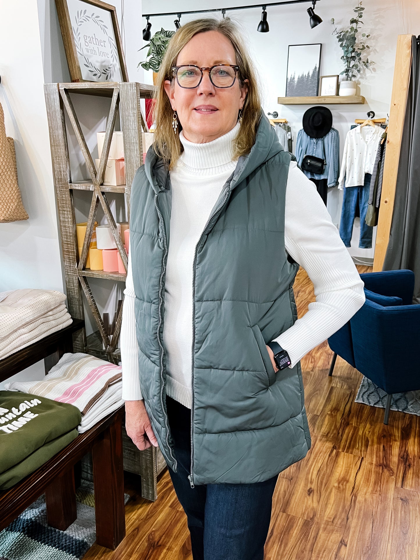 Green Long Puffer Vest W/ Hood