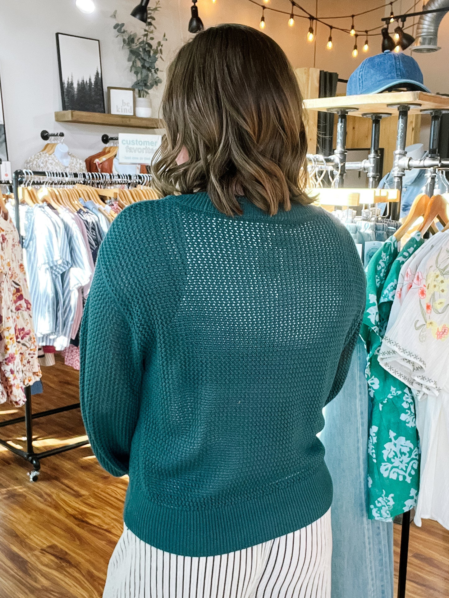 Teal Open Weave V Neck Sweater