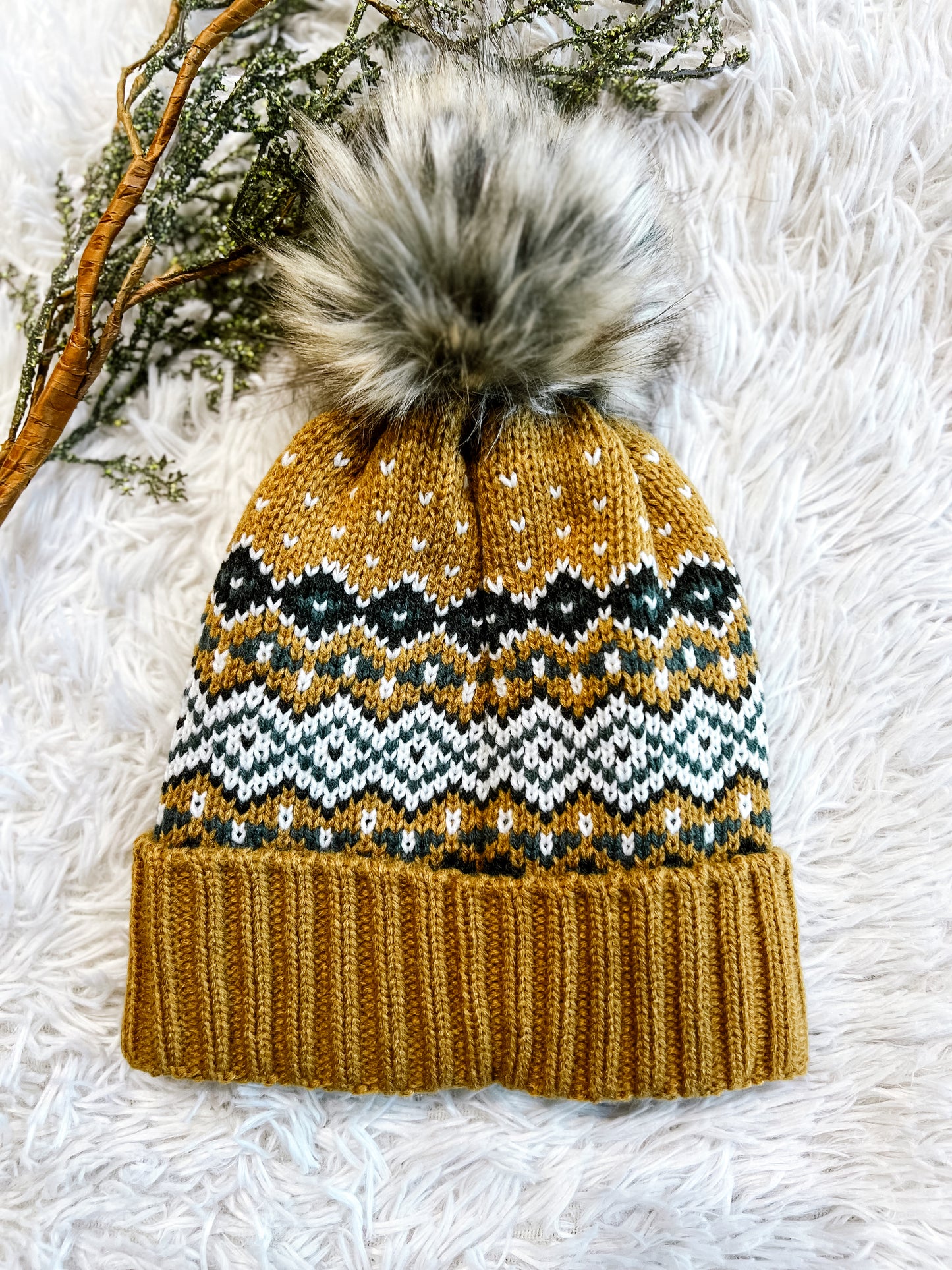 Camel, Black, White & Blue Patterned Pom Beanie
