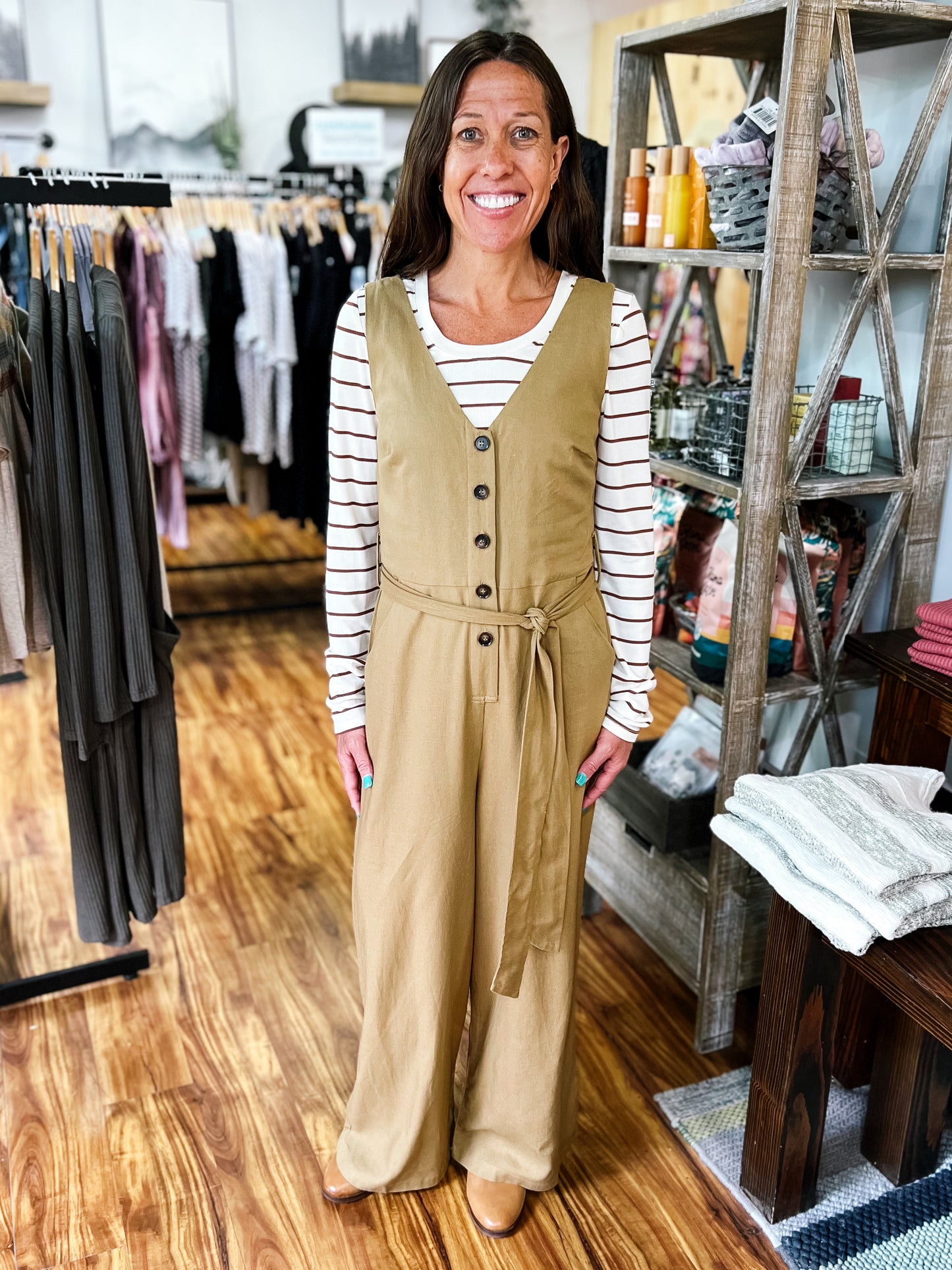 Tan Button Front Jumpsuit