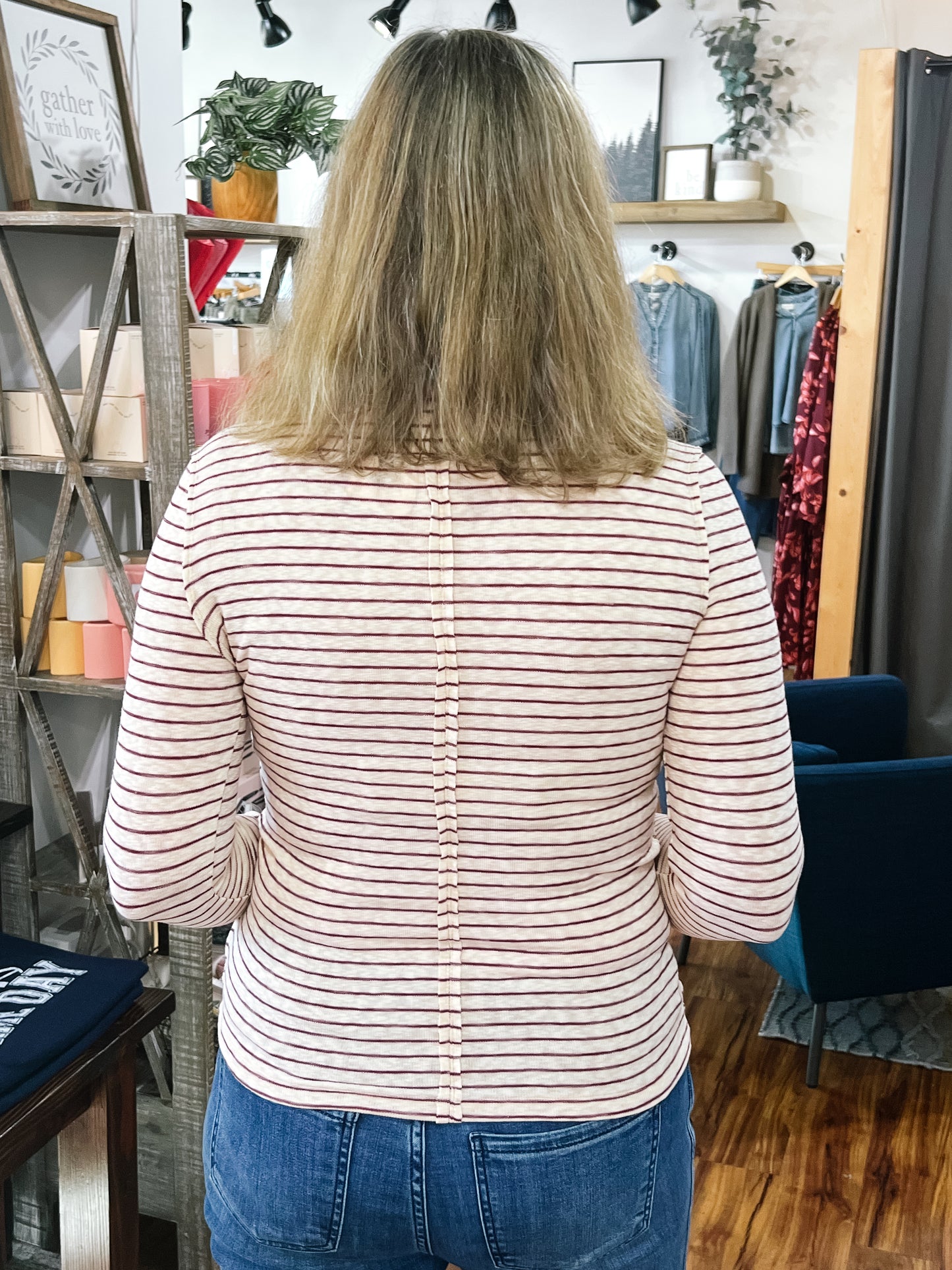 Ivory & Burgundy Stripe Thumb Hole Top