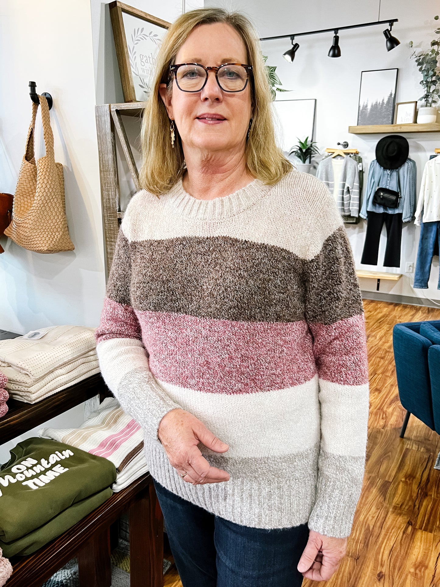 Taupe, Brown, & Pink Color Block Sweater