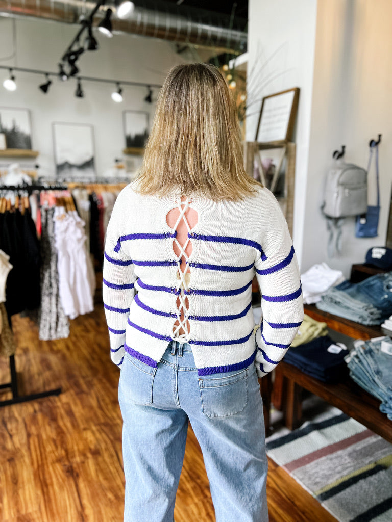 Cream & Blue Stripe Lace Back Sweater