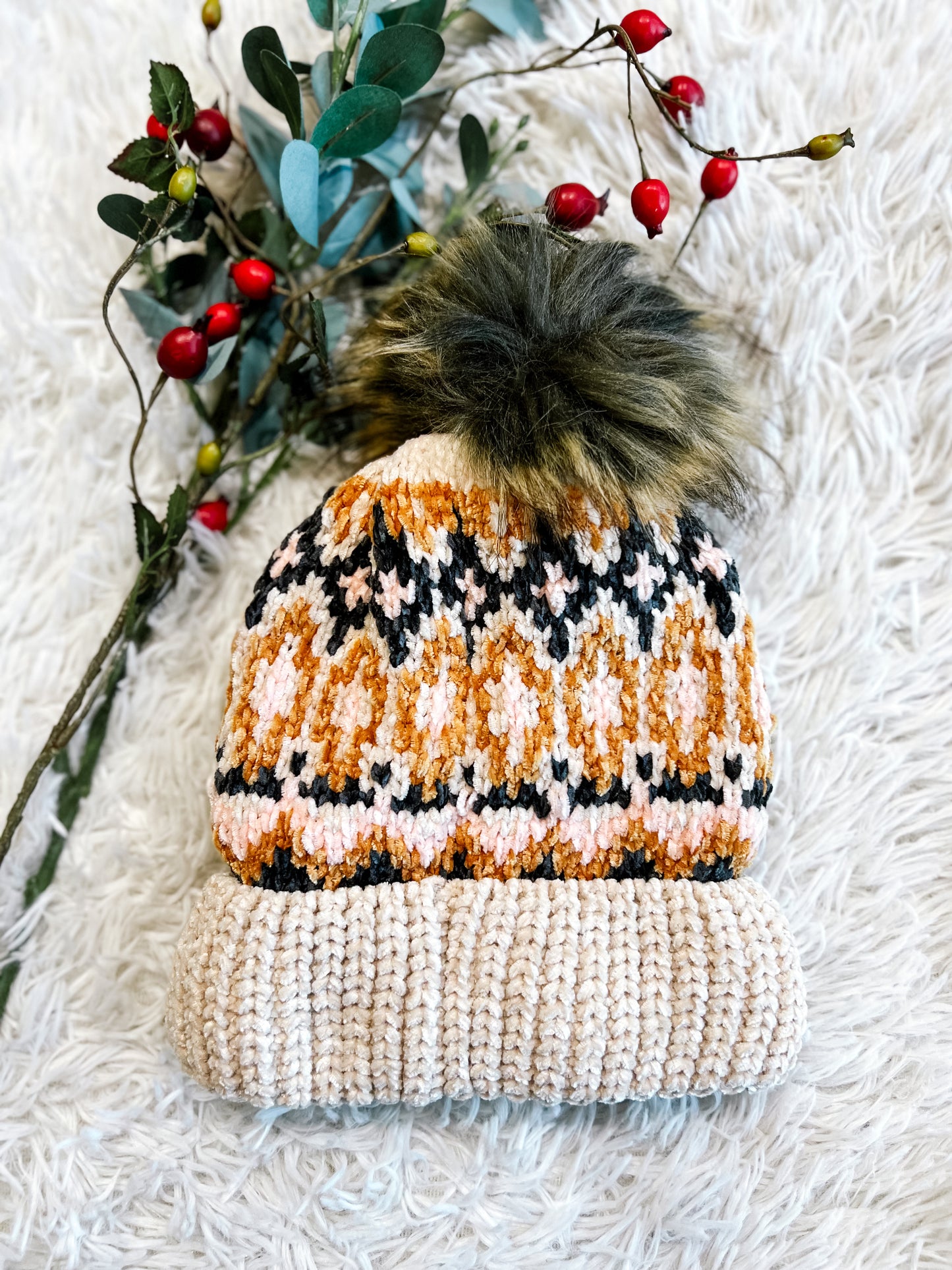 Beige, Light Pink & Navy Pom Beanie