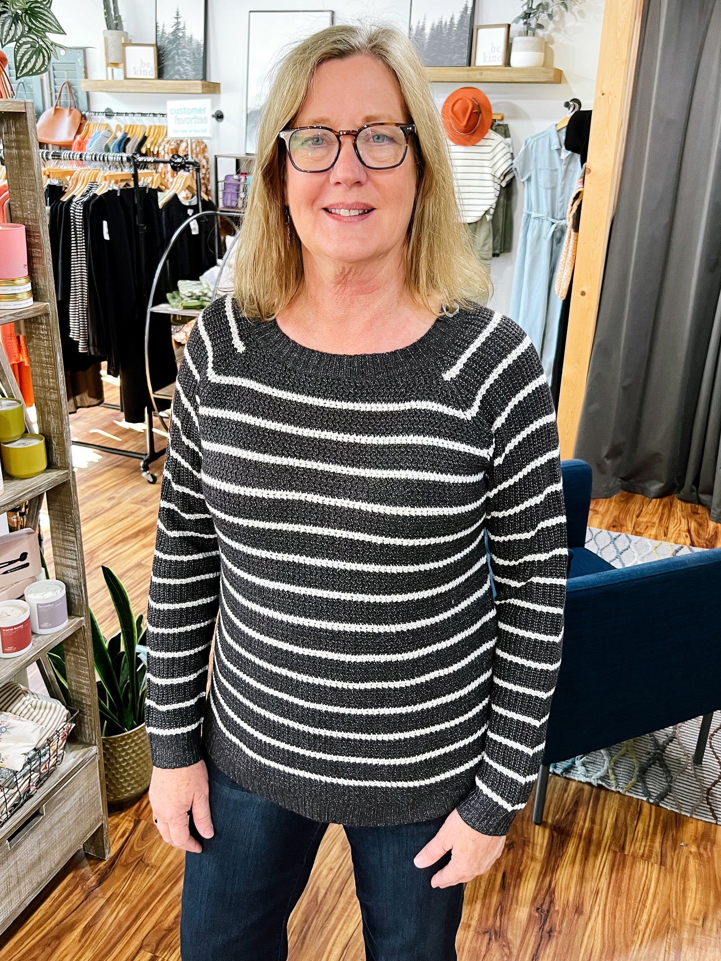 Charcoal & White Stripe Crewneck Sweater
