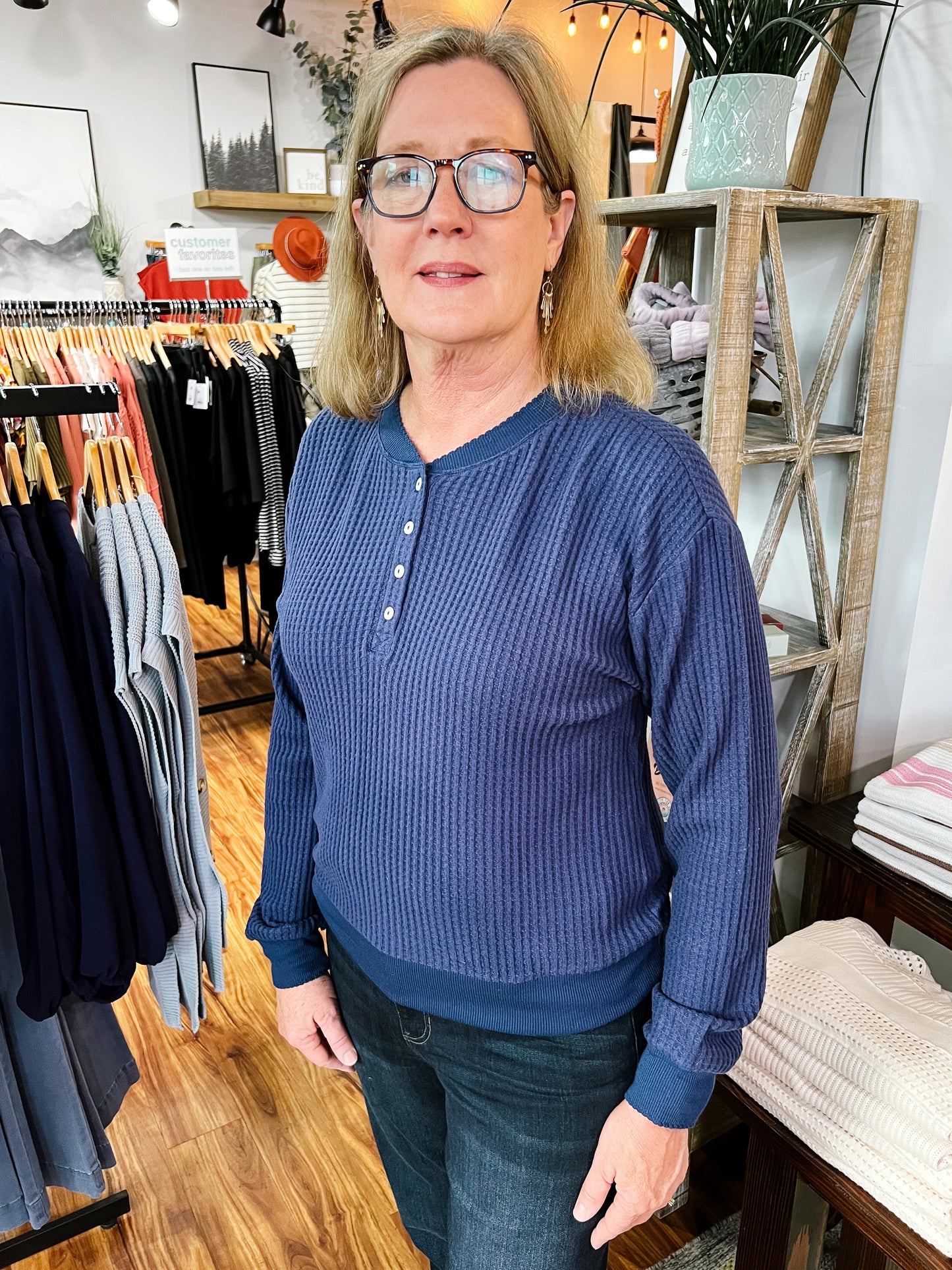 Navy Waffle Knit Henley Top