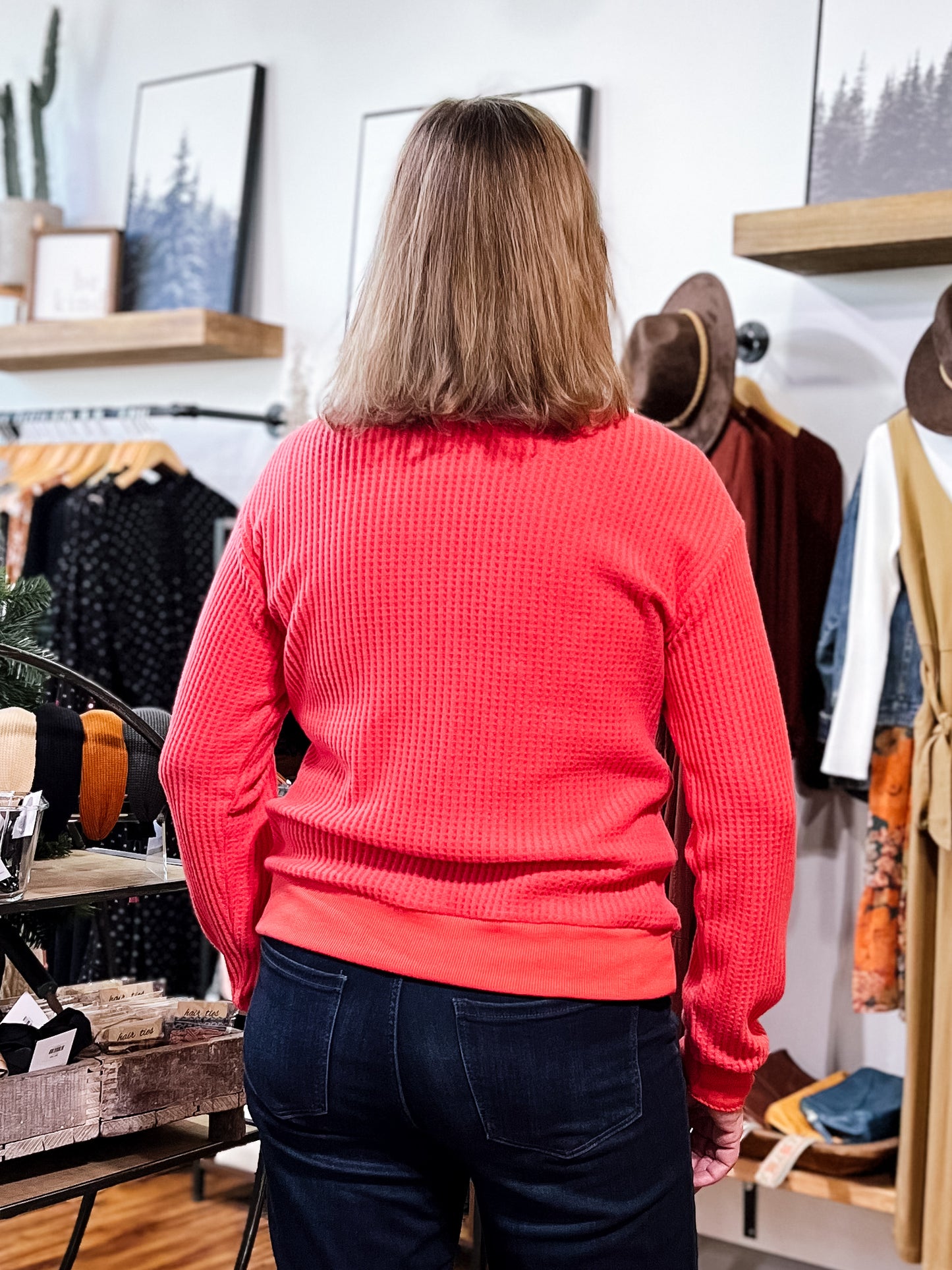 Coral Waffle Knit Henley Top
