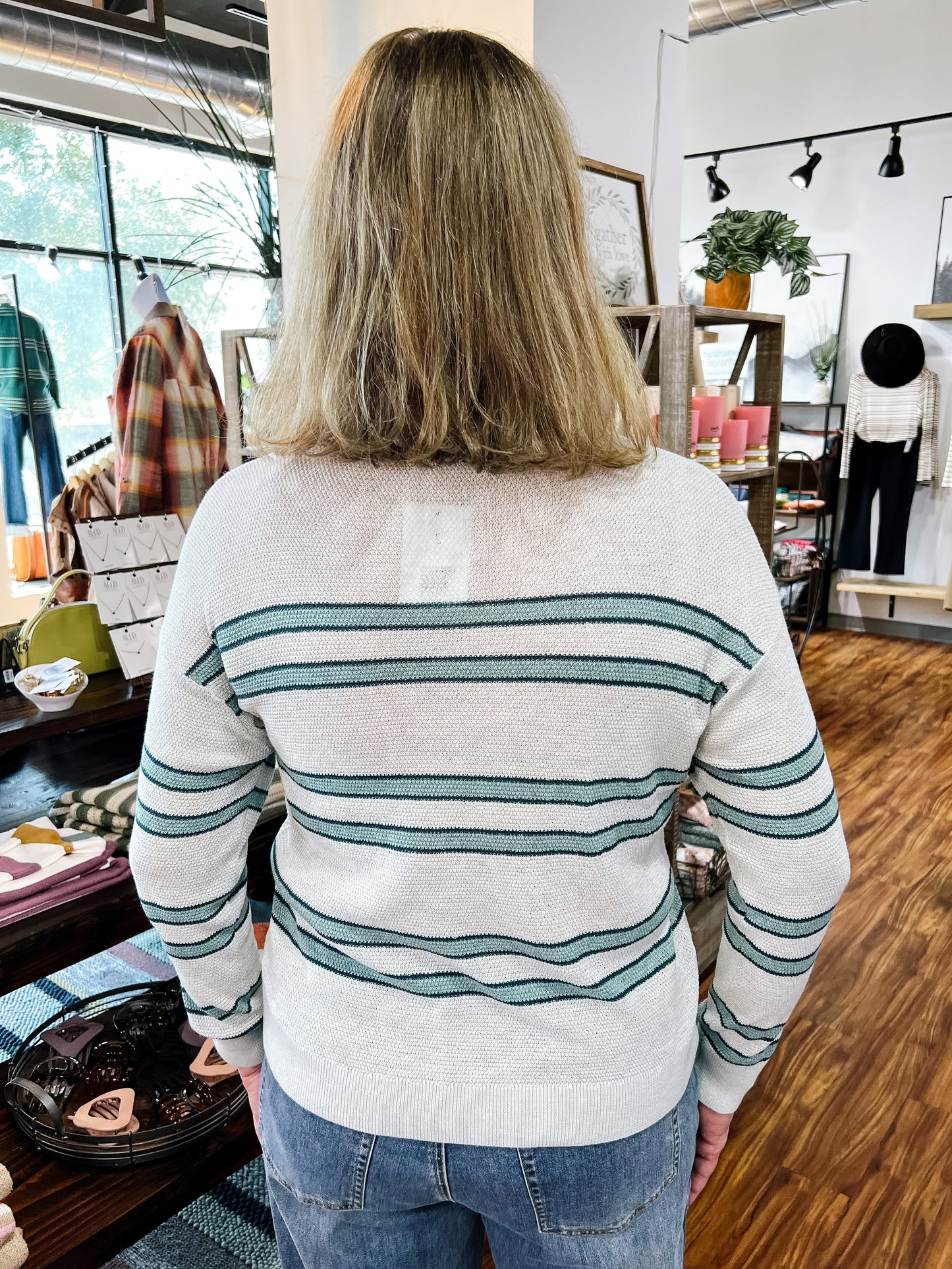 Silver W/Shades Of Blue Stripes Sweater