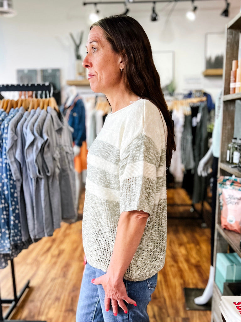 Cream & Green Short Sleeve Sweater