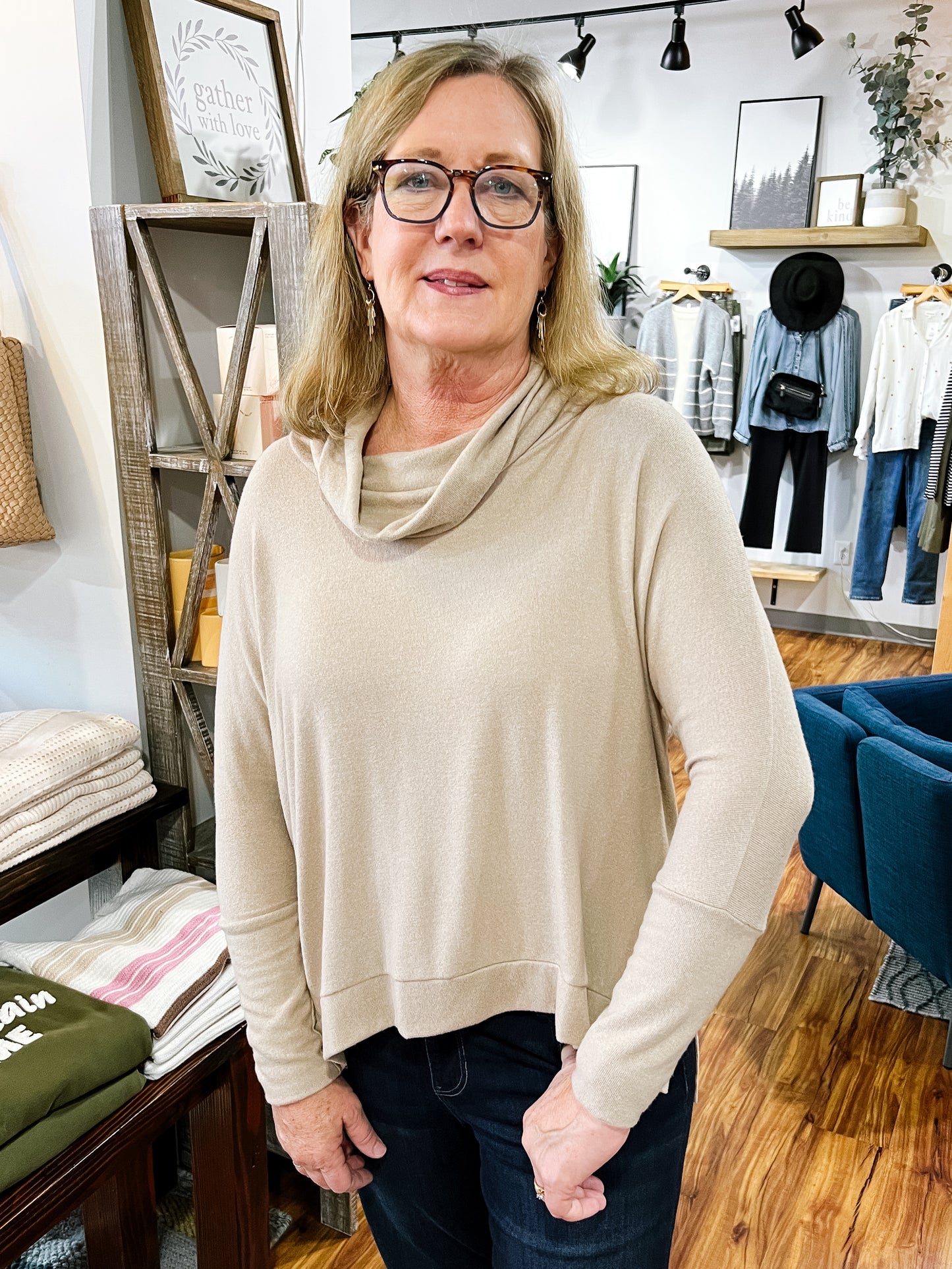 Beige Cowl Neck Long Sleeve Top