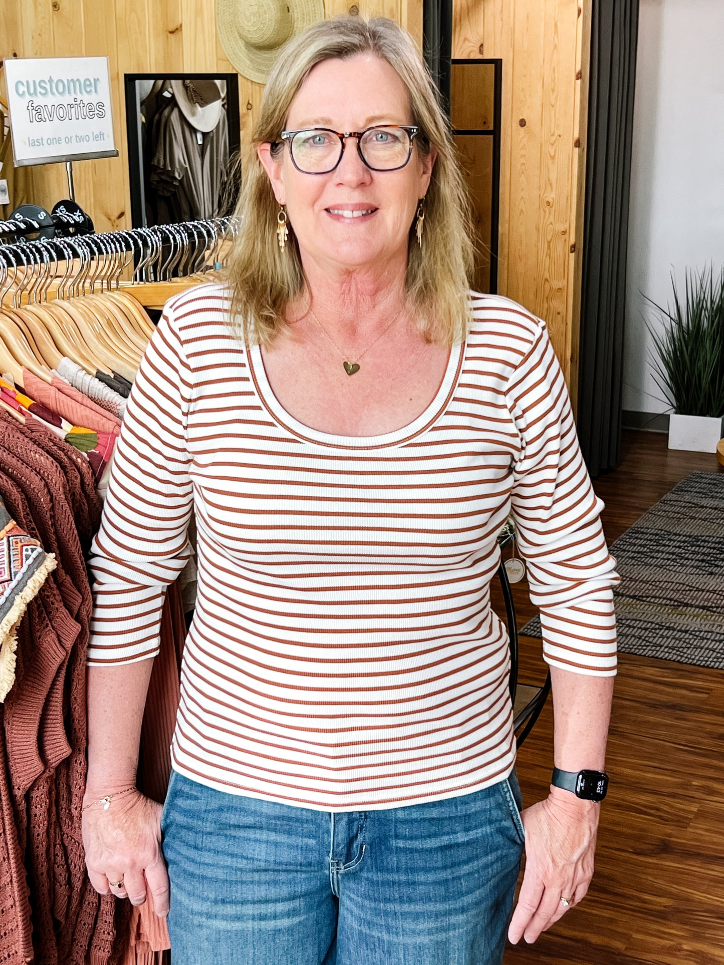 Rust And Cream Stripe Scoop Neck Top