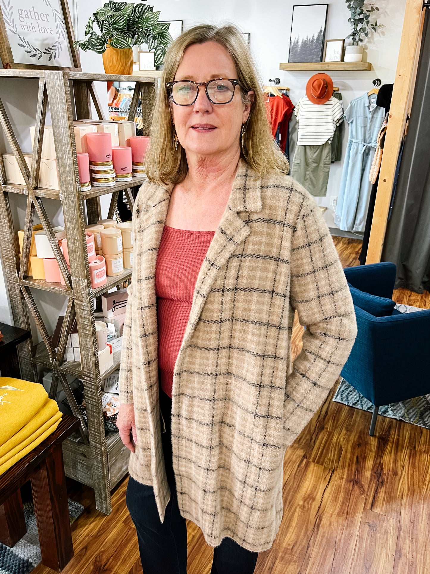 Tan Plaid Long Cardigan