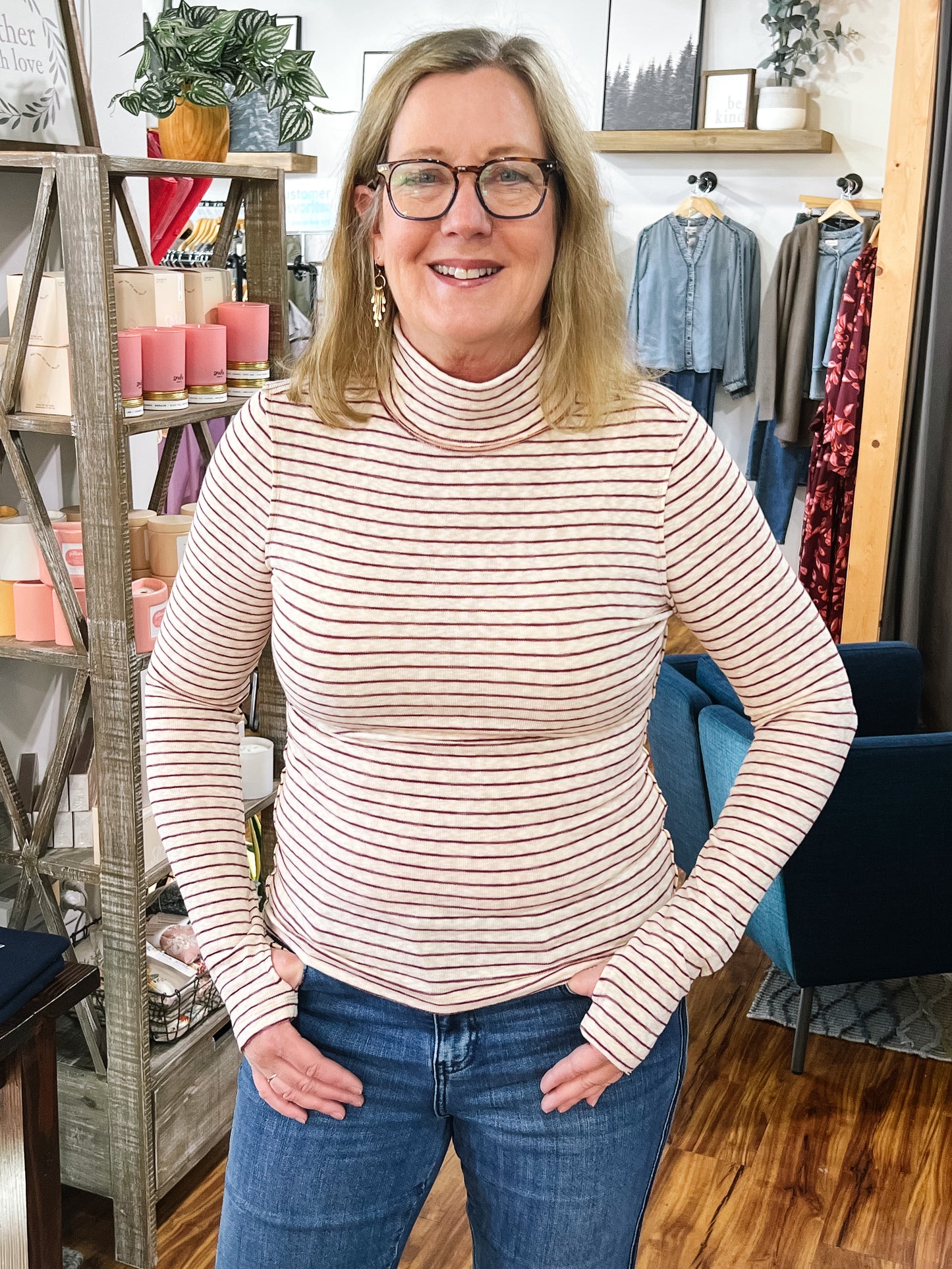 Ivory & Burgundy Stripe Thumb Hole Top