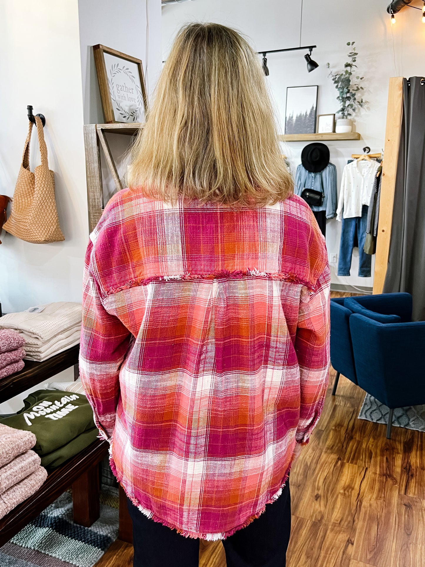 Plum & Rust Plaid Fringe Hem Shirt