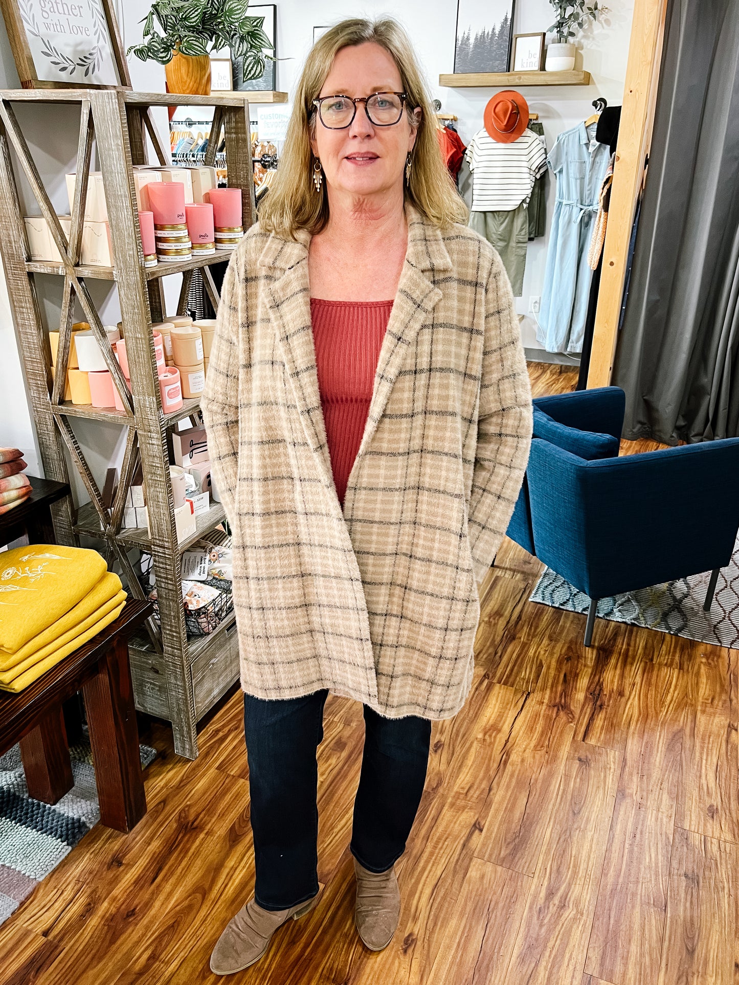 Tan Plaid Long Cardigan