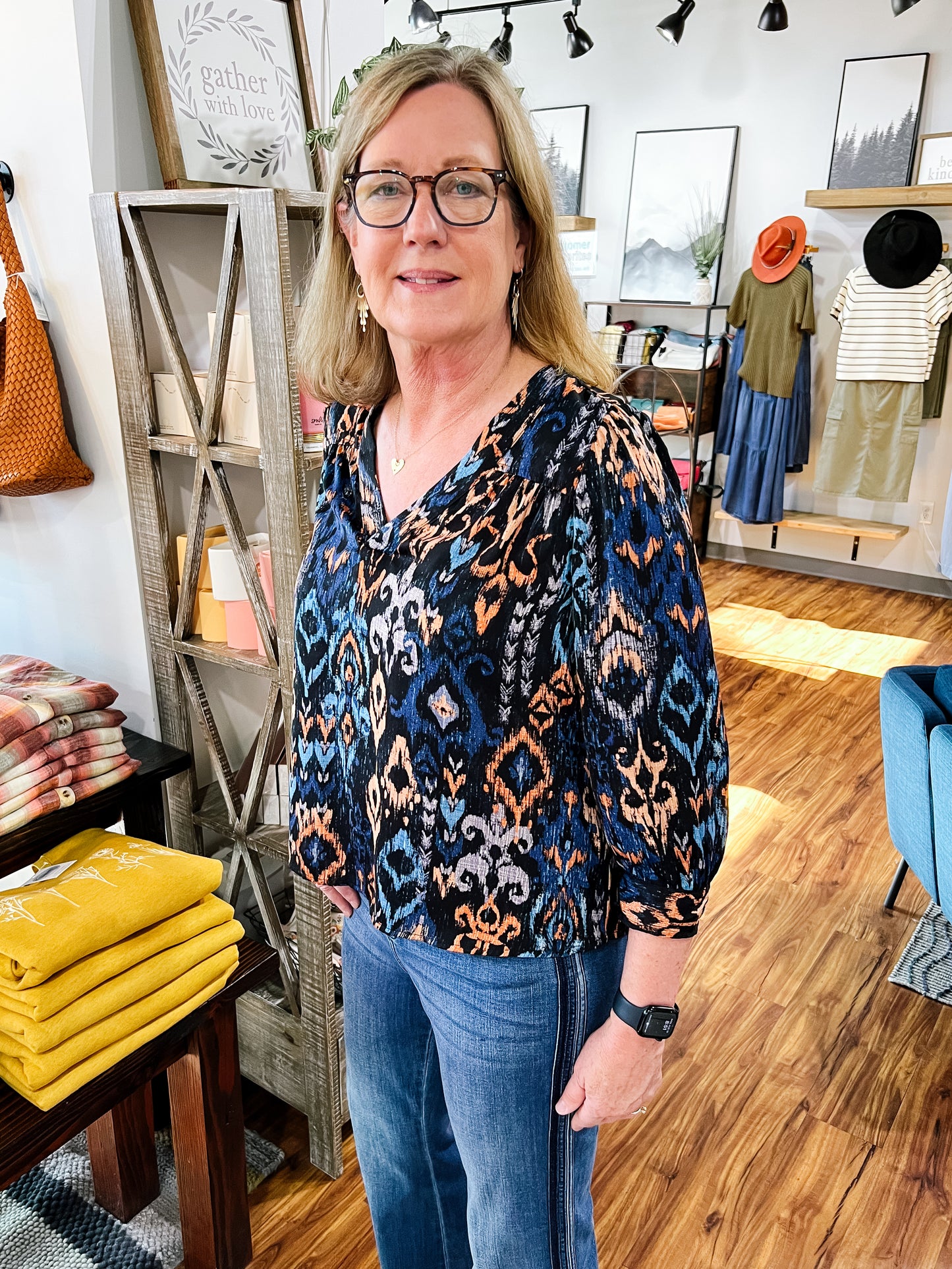 Dark Navy Jacquard Print Popover Blouse