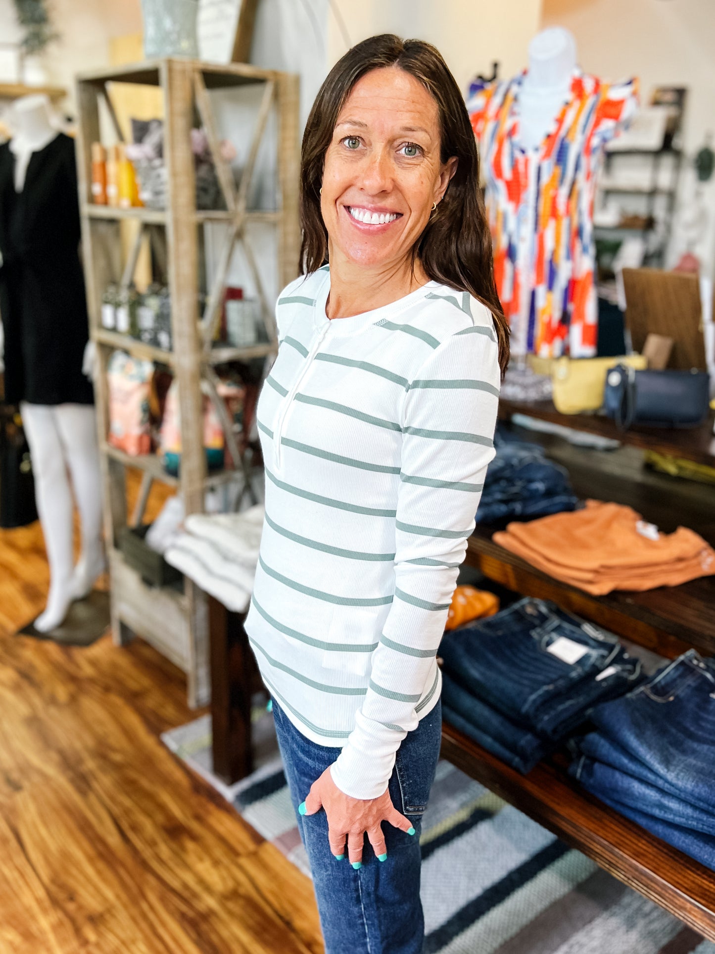 White w/ Green Stripe Long Sleeve Henley Top