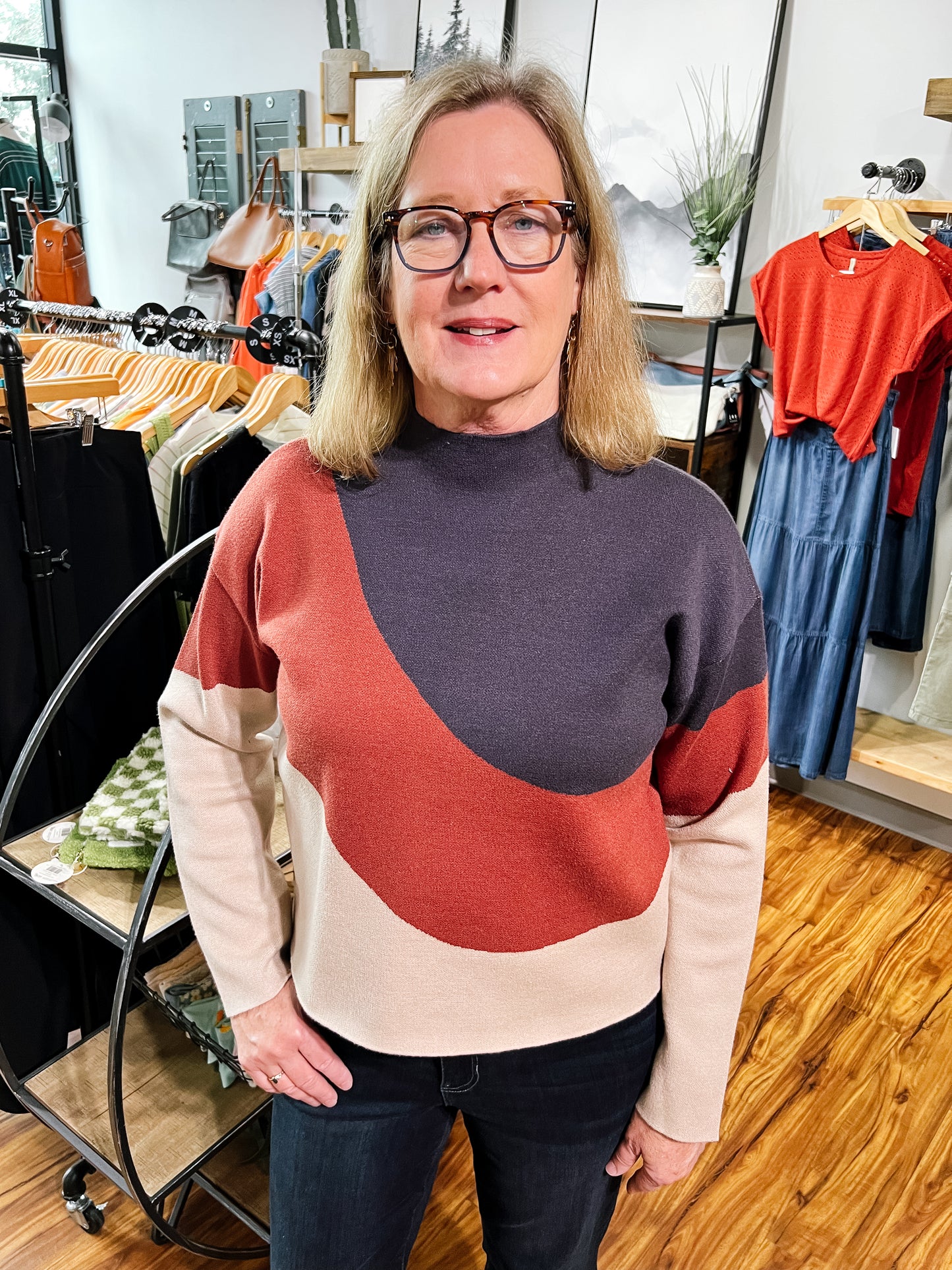 Blue, Rust & Beige Mock Turtle Neck Sweater