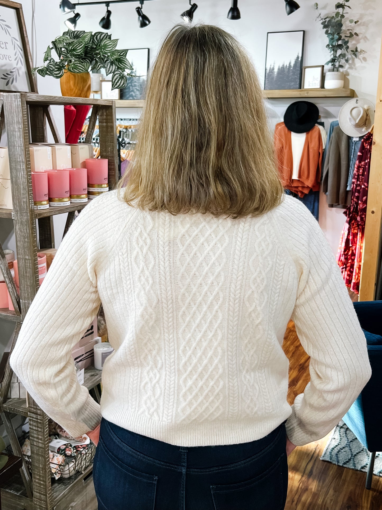 Ivory Cable Knit Quarter Button Sweater