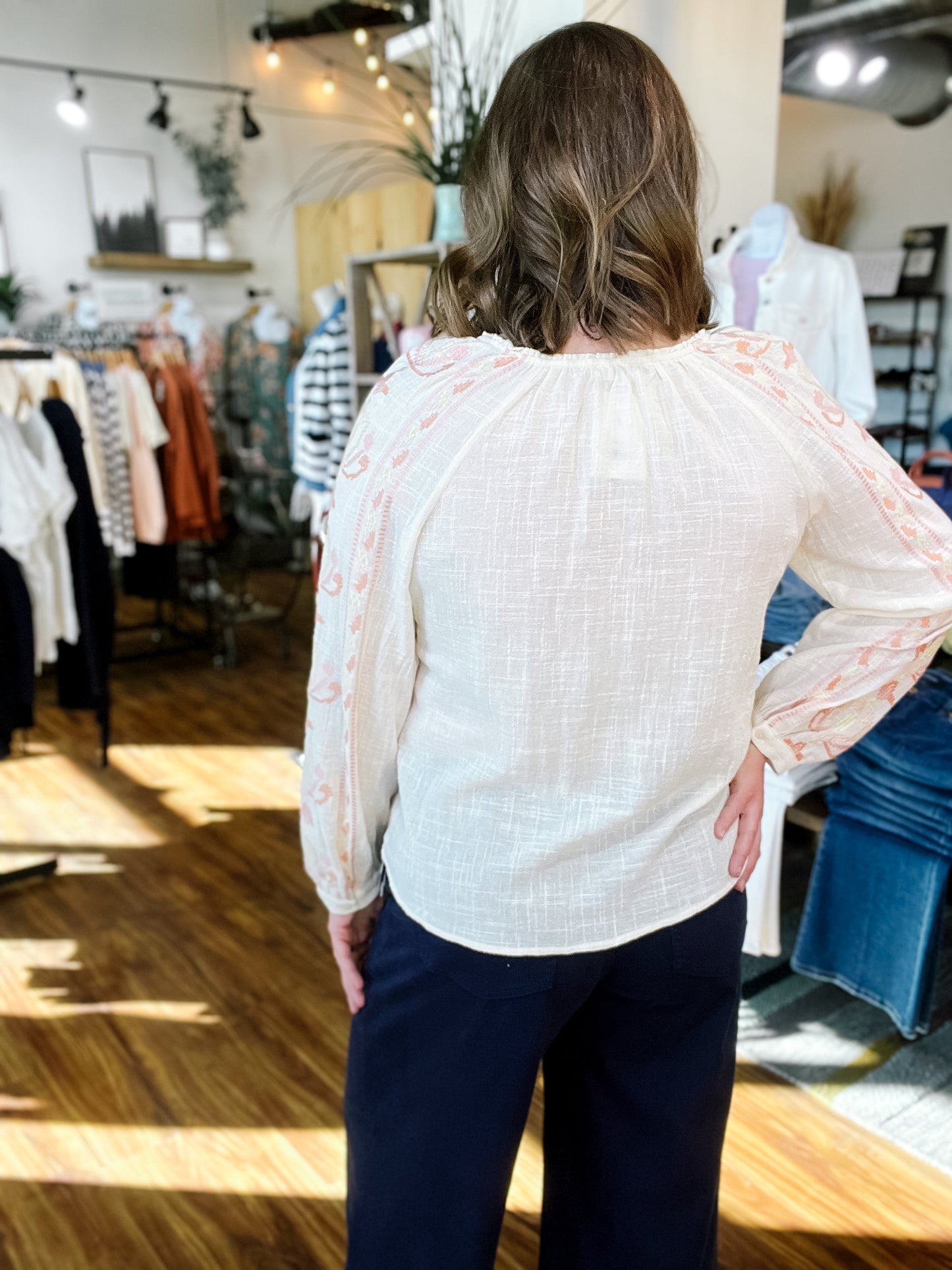 Cream & Pink Embroidered Sleeve Top