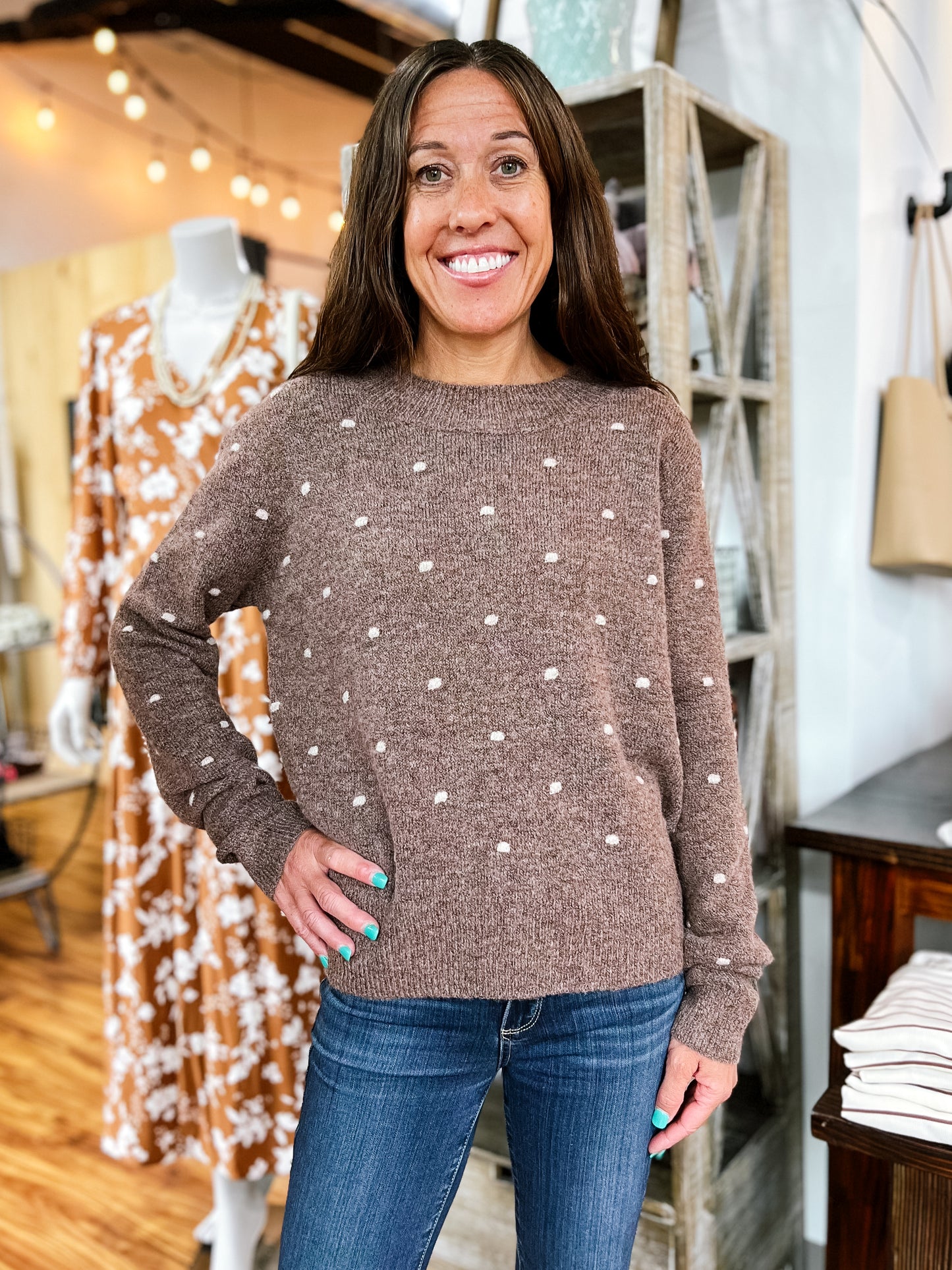 Brown Dotted Knit Crewneck Sweater