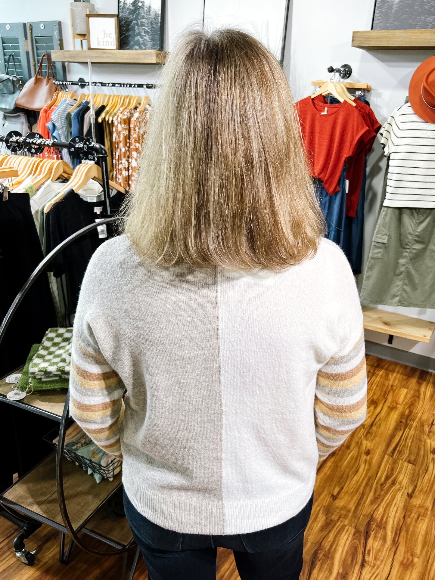 Natural V Neck Color Block Sweater