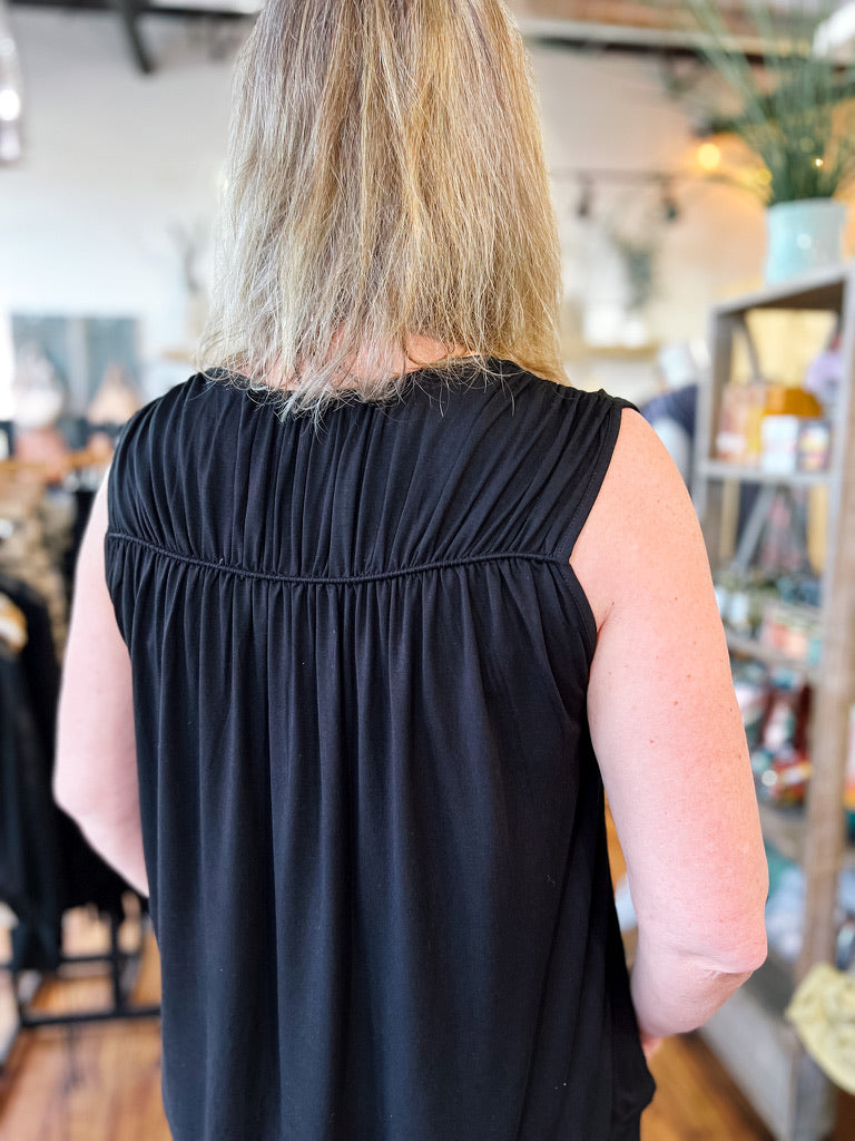Black Sleeveless Shirred Tank