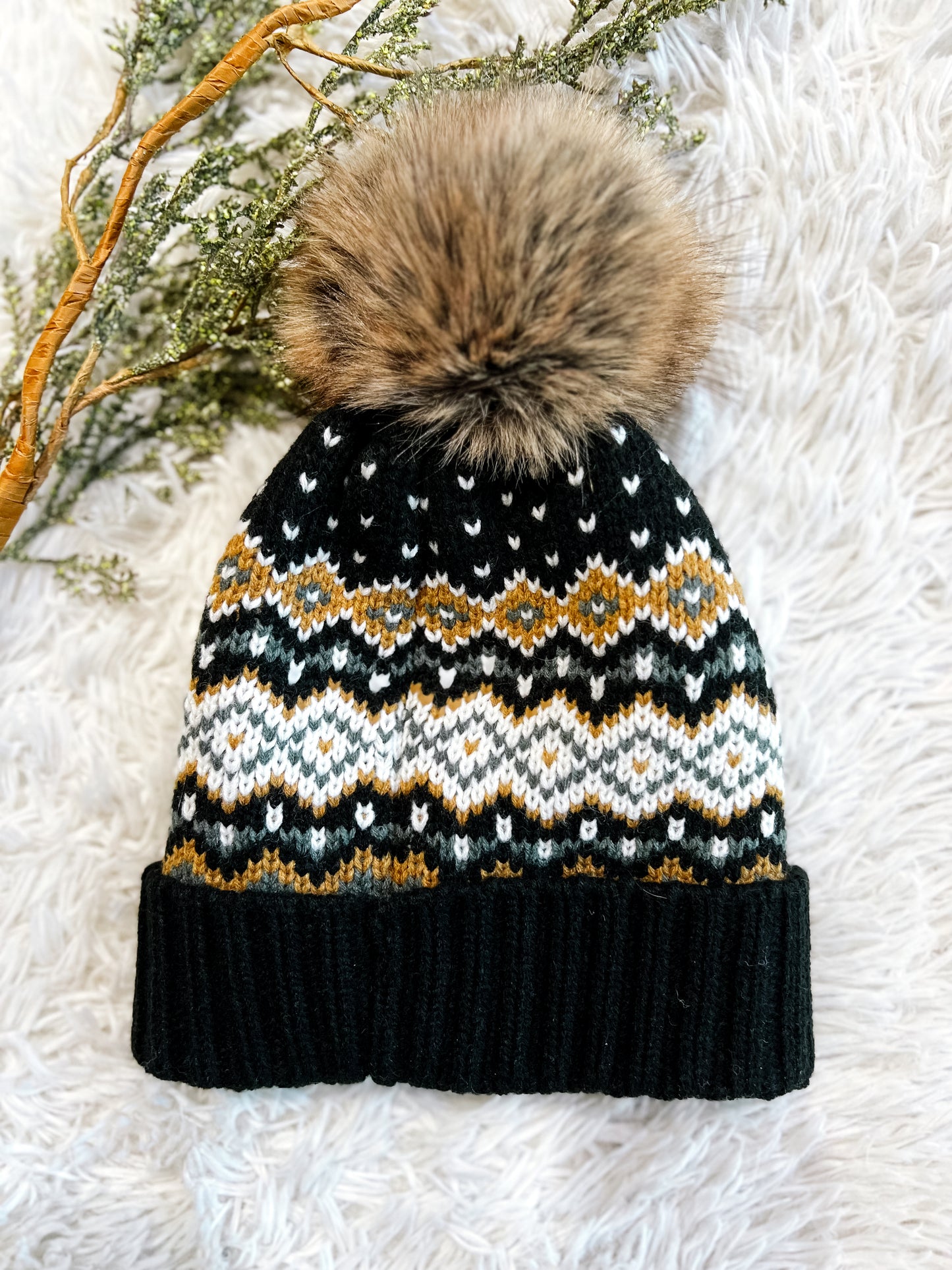 Black, White, Mustard & Blue Patterned Pom Beanie