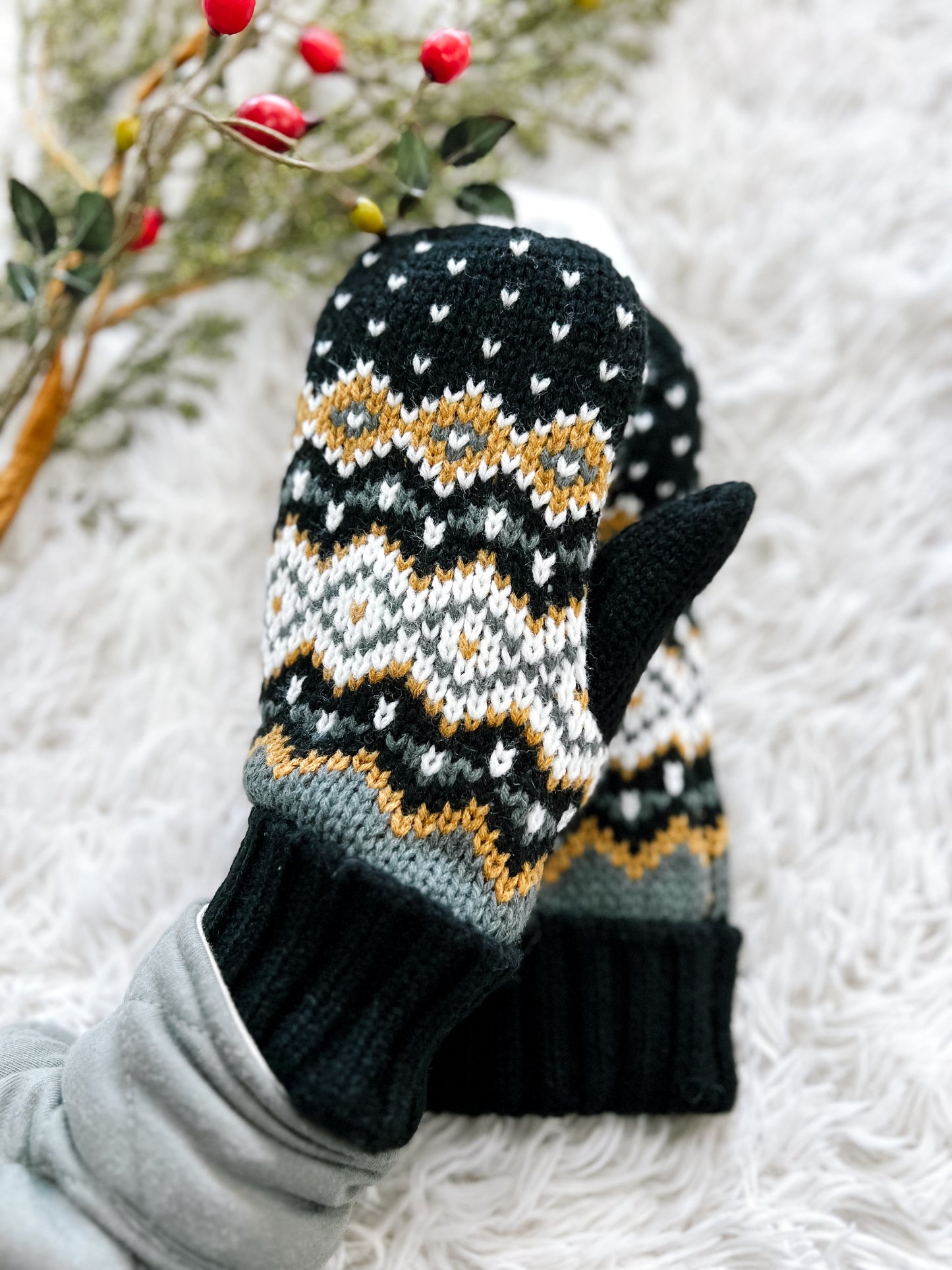 Black, White, Mustard & Blue Patterned Mittens