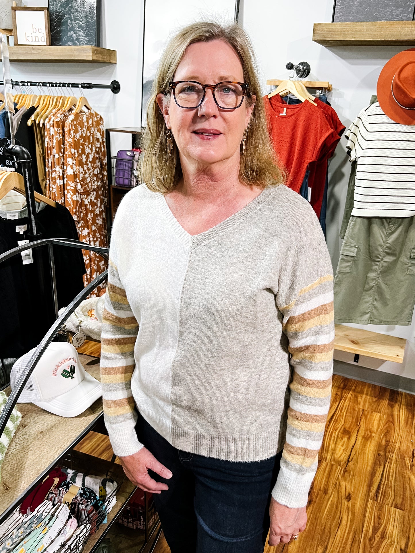 Natural V Neck Color Block Sweater