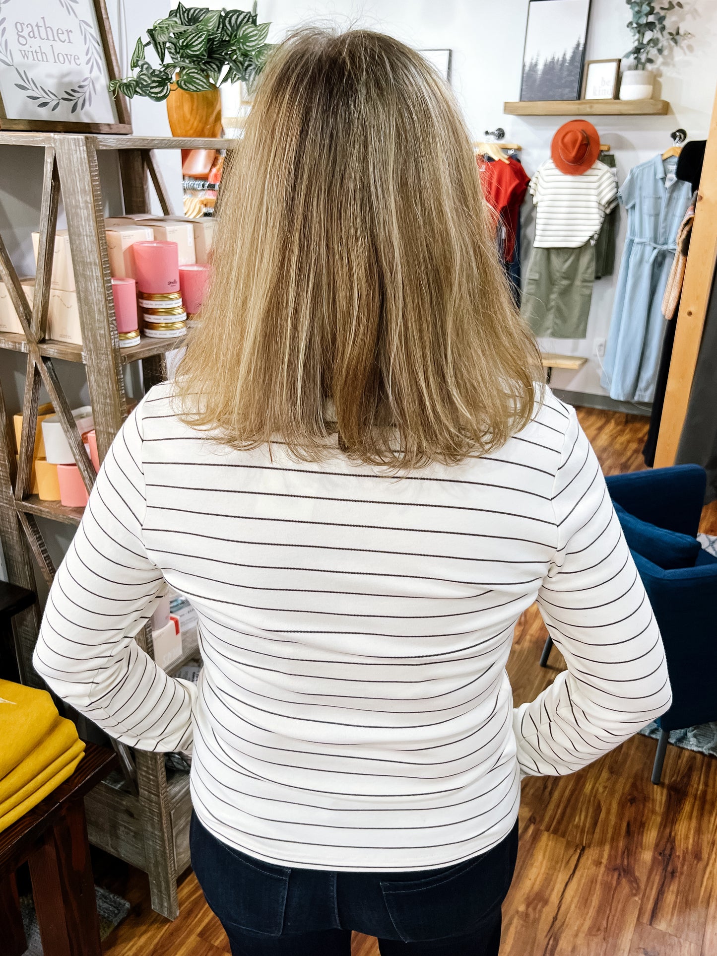 Ivory W/ Black Stripe Placket Front Top