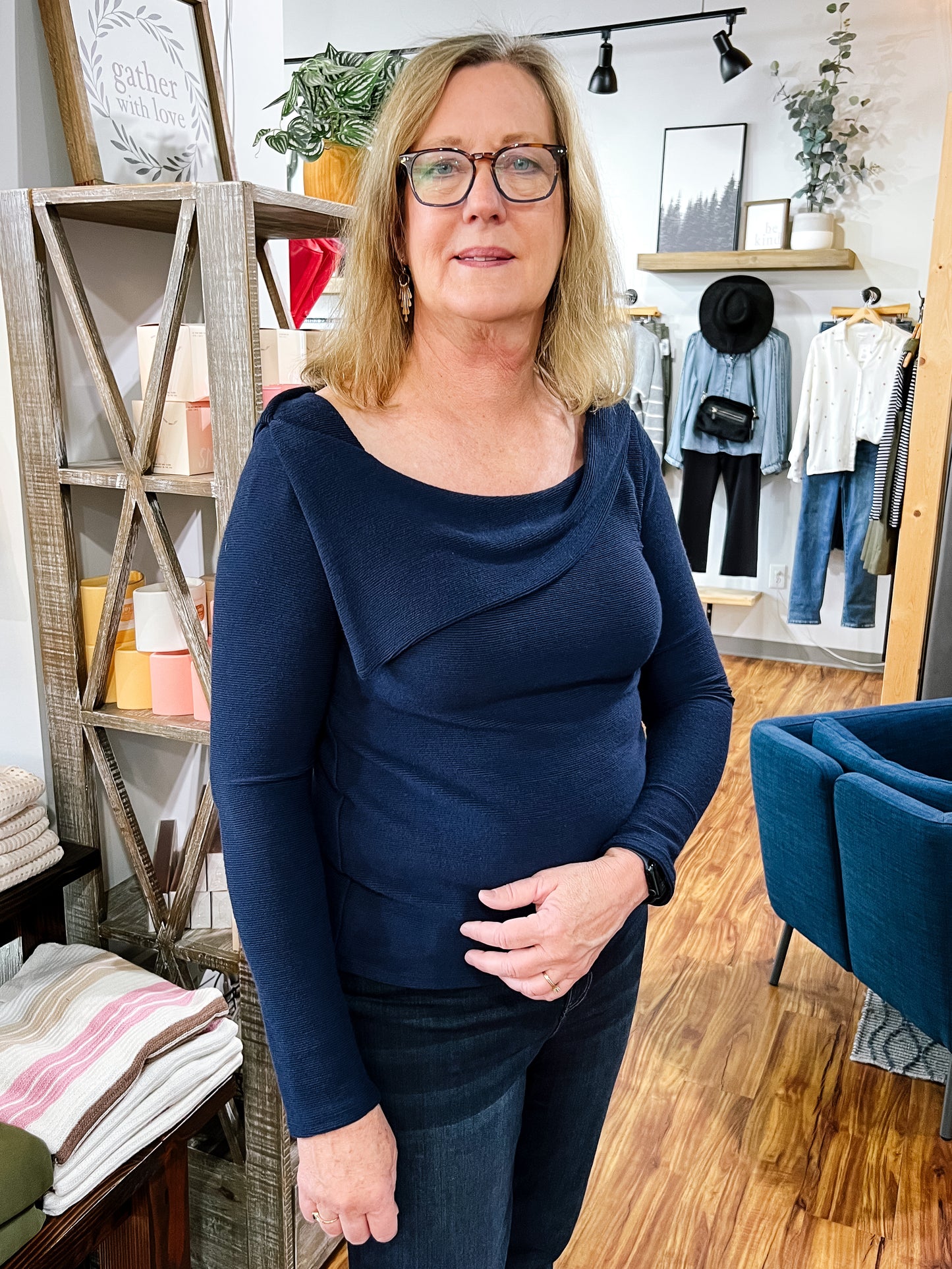 Navy Blue Semi-Off Shoulder Top