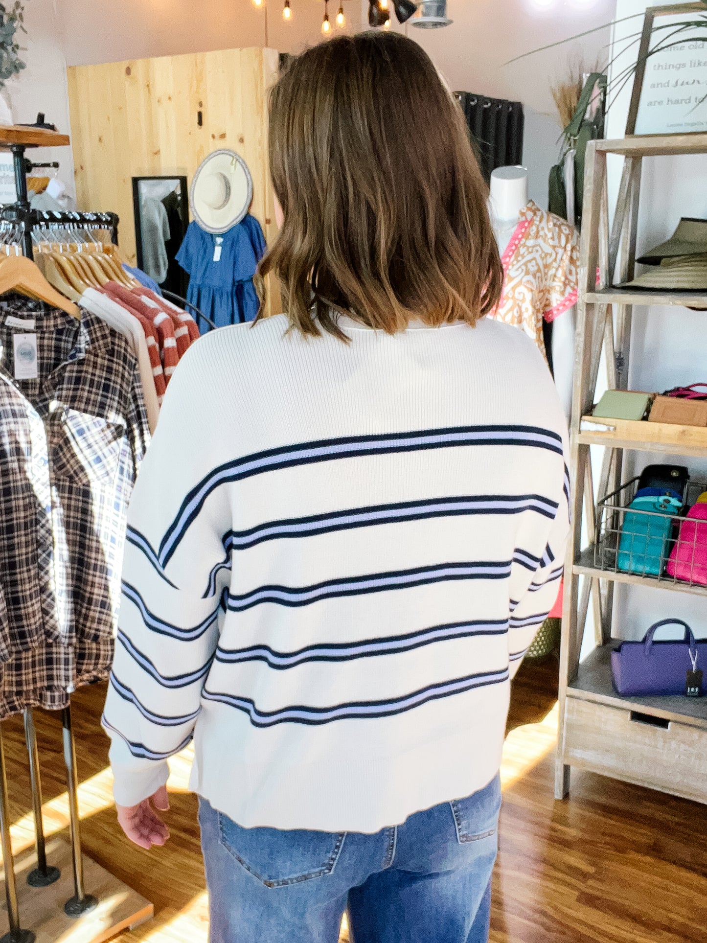Cream W/Blue Stripe Sweater