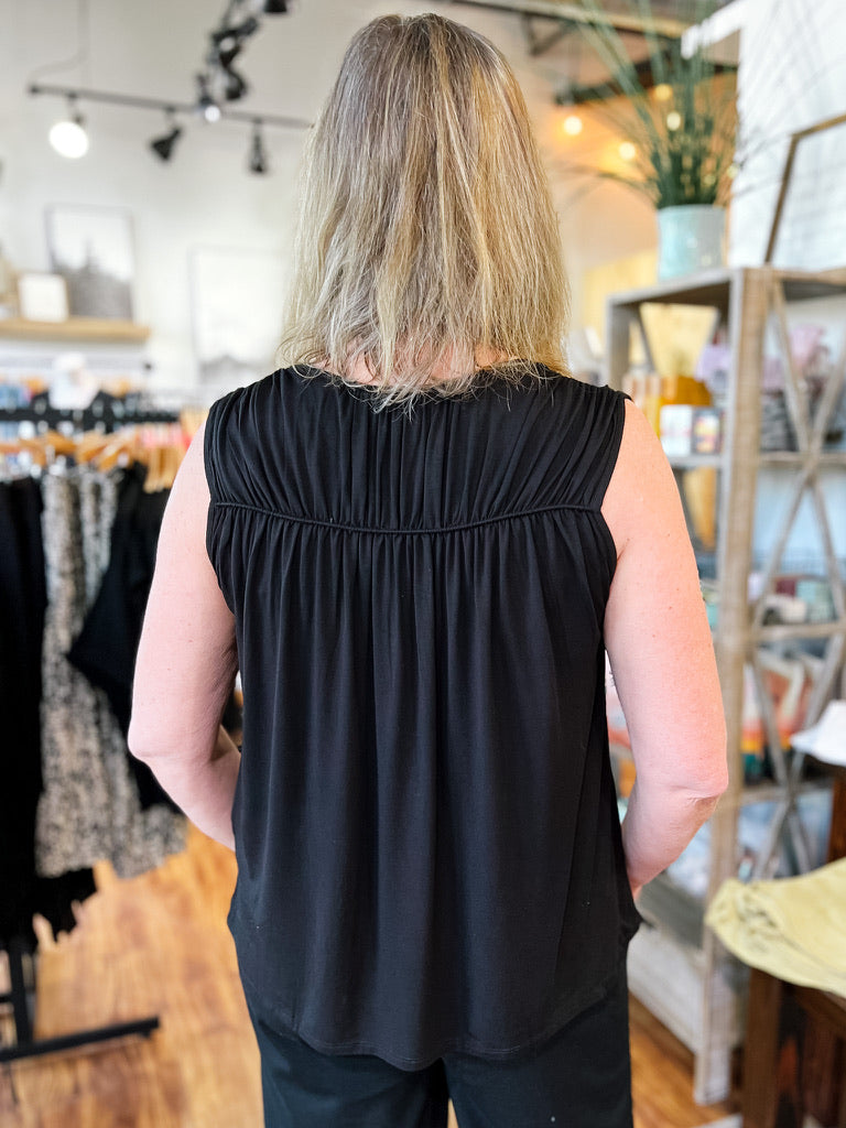 Black Sleeveless Shirred Tank