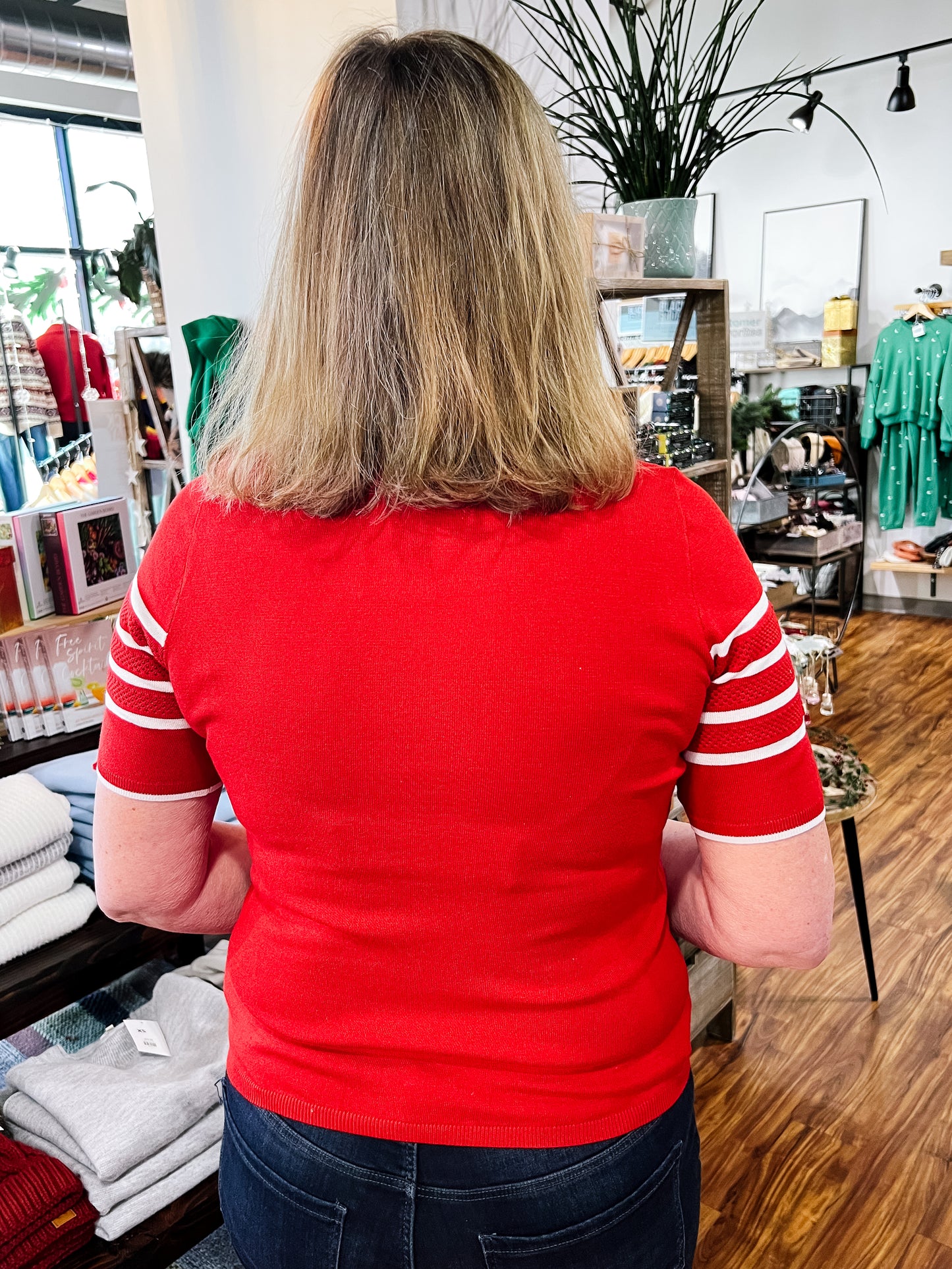 Red W/White Stripe Short Sleeve Sweater