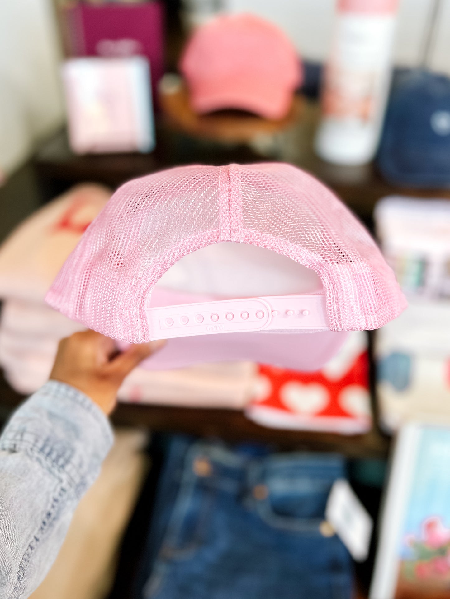 Pink & White Puff Heart Trucker Hat