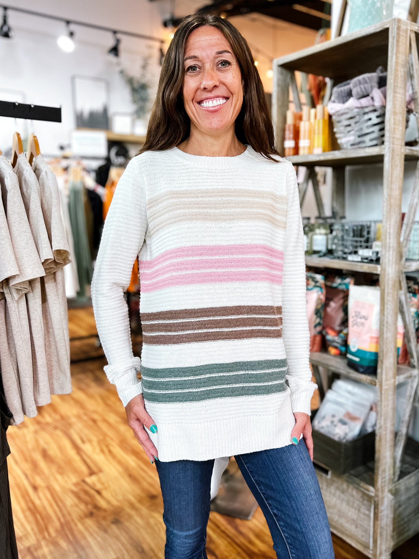 Taupe & Pink Multi Color Stripe Sweater