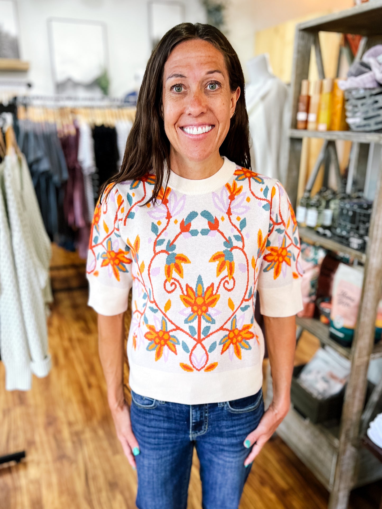 Cream w/ Colorful Floral Print Short Sleeve Sweater