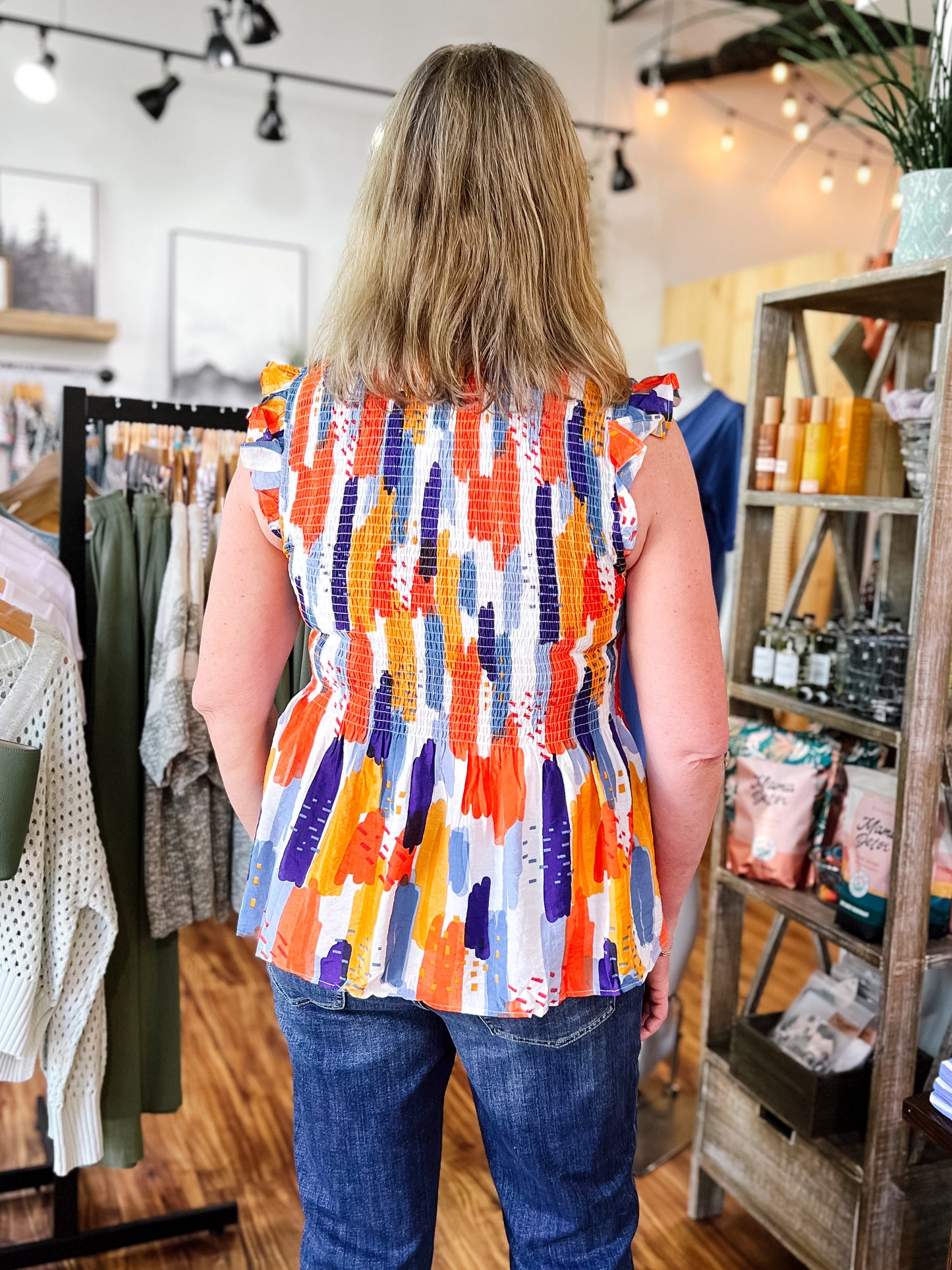 Multi Colored Smocked Flutter Sleeve Top