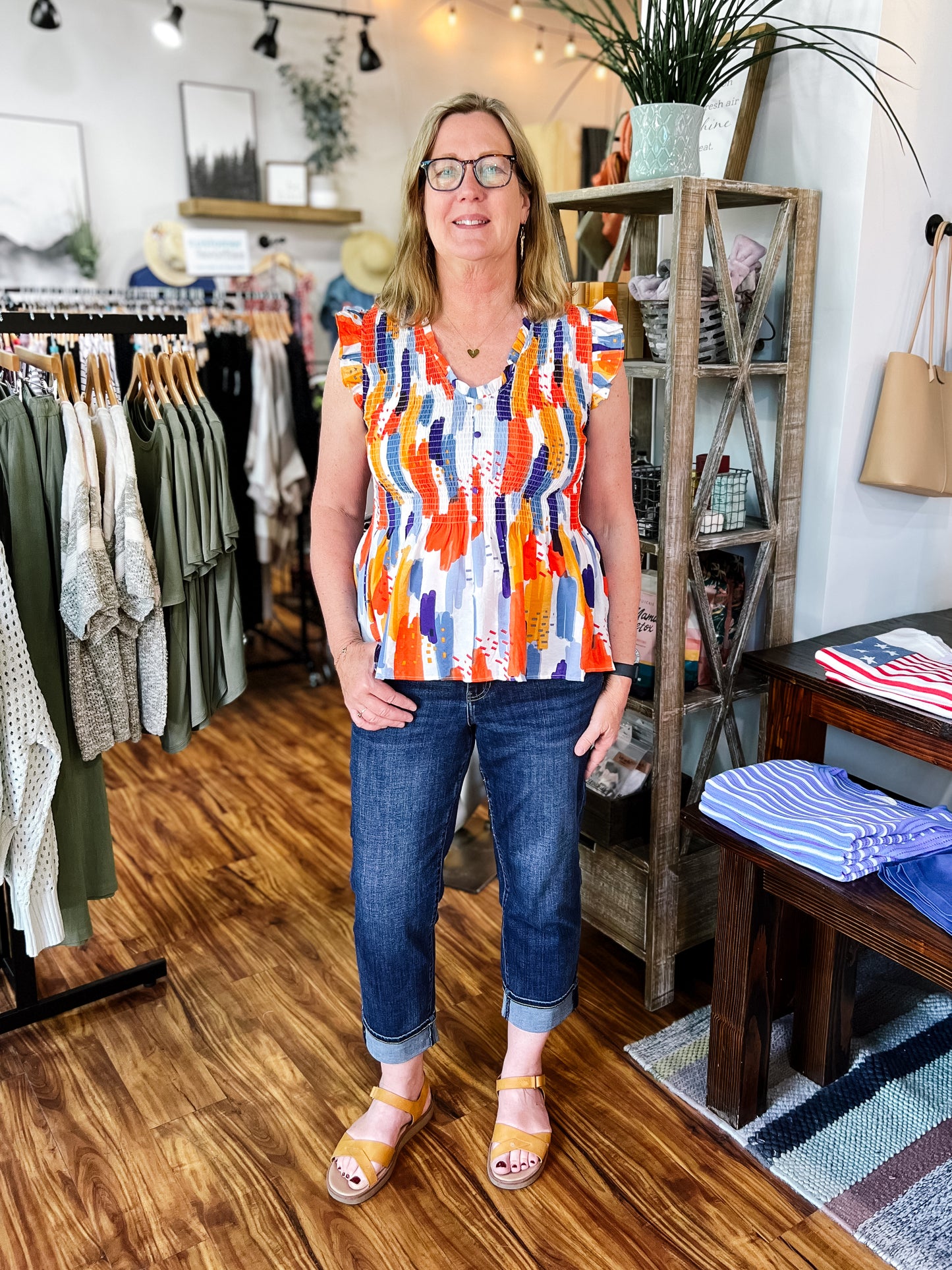 Multi Colored Smocked Flutter Sleeve Top