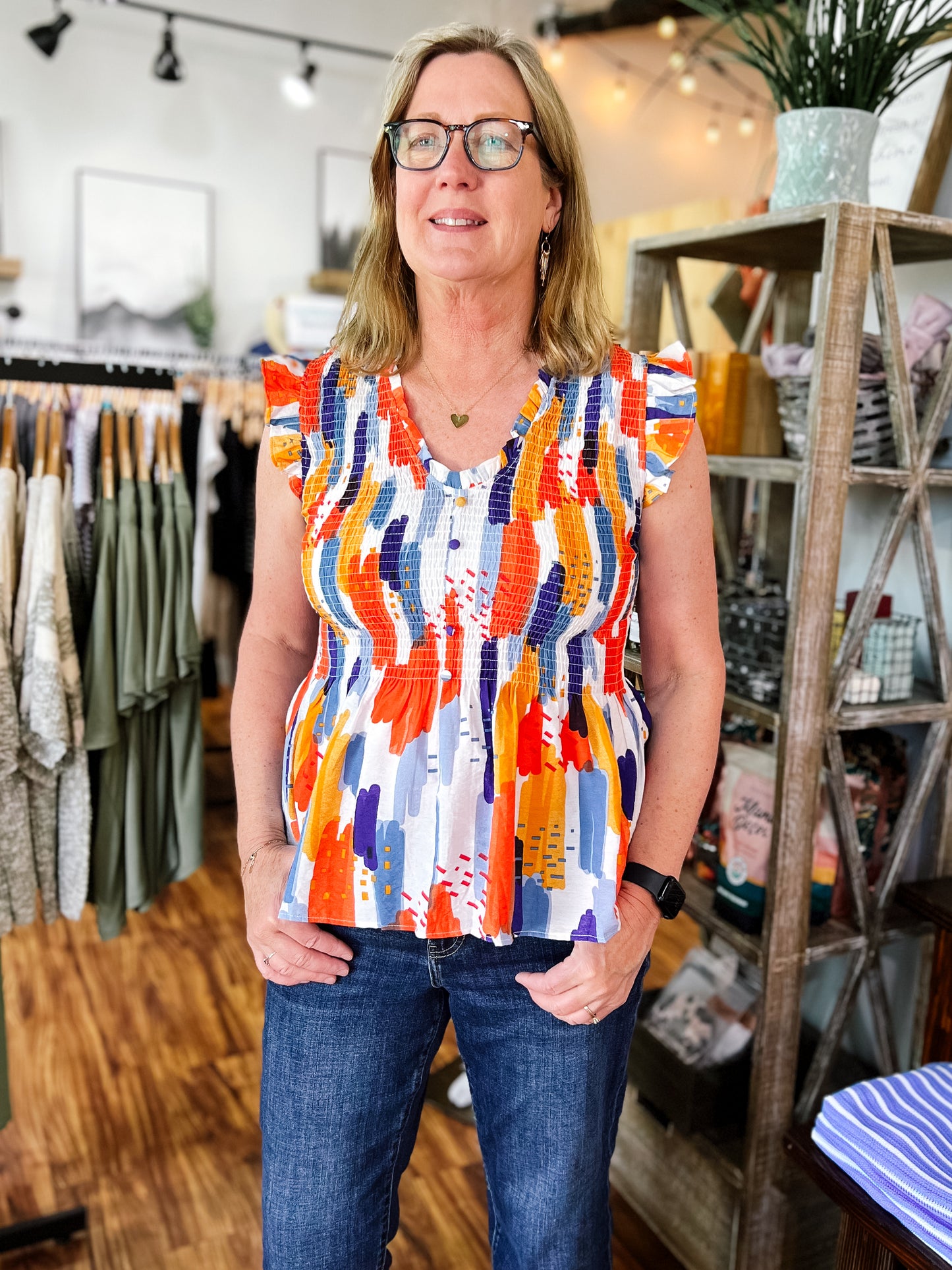 Multi Colored Smocked Flutter Sleeve Top