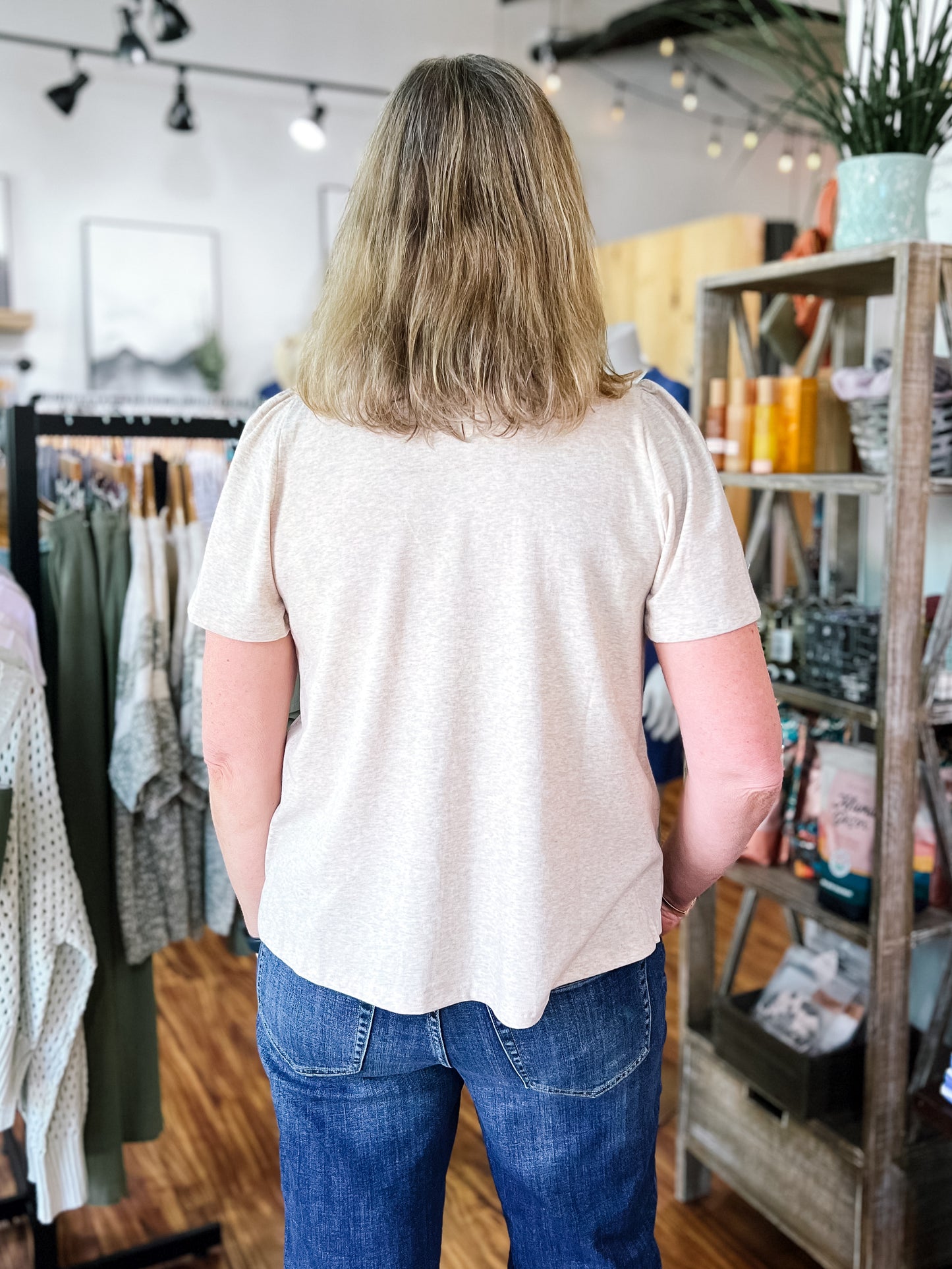 Beige Short Sleeve Smocked Top