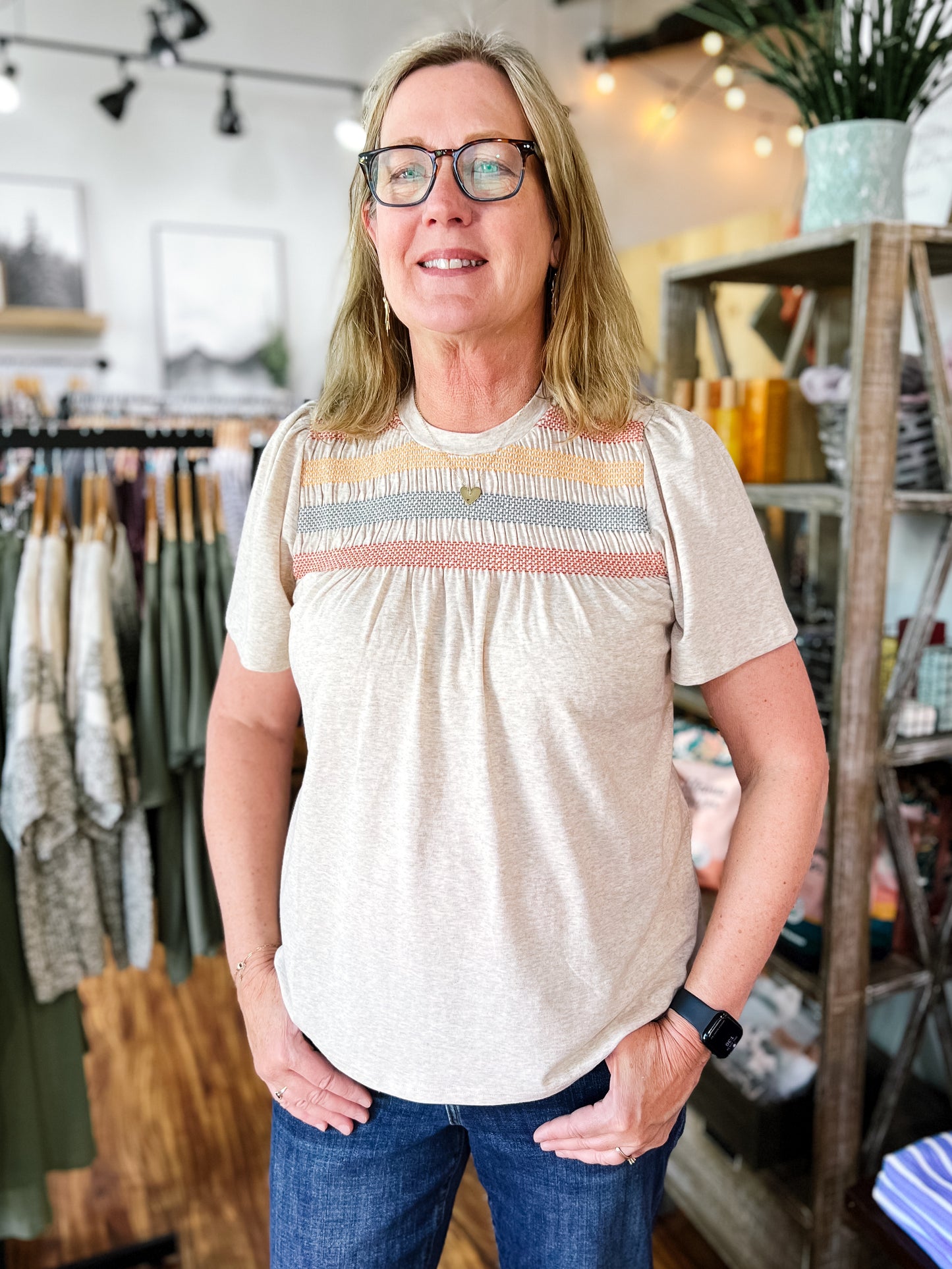 Beige Short Sleeve Smocked Top